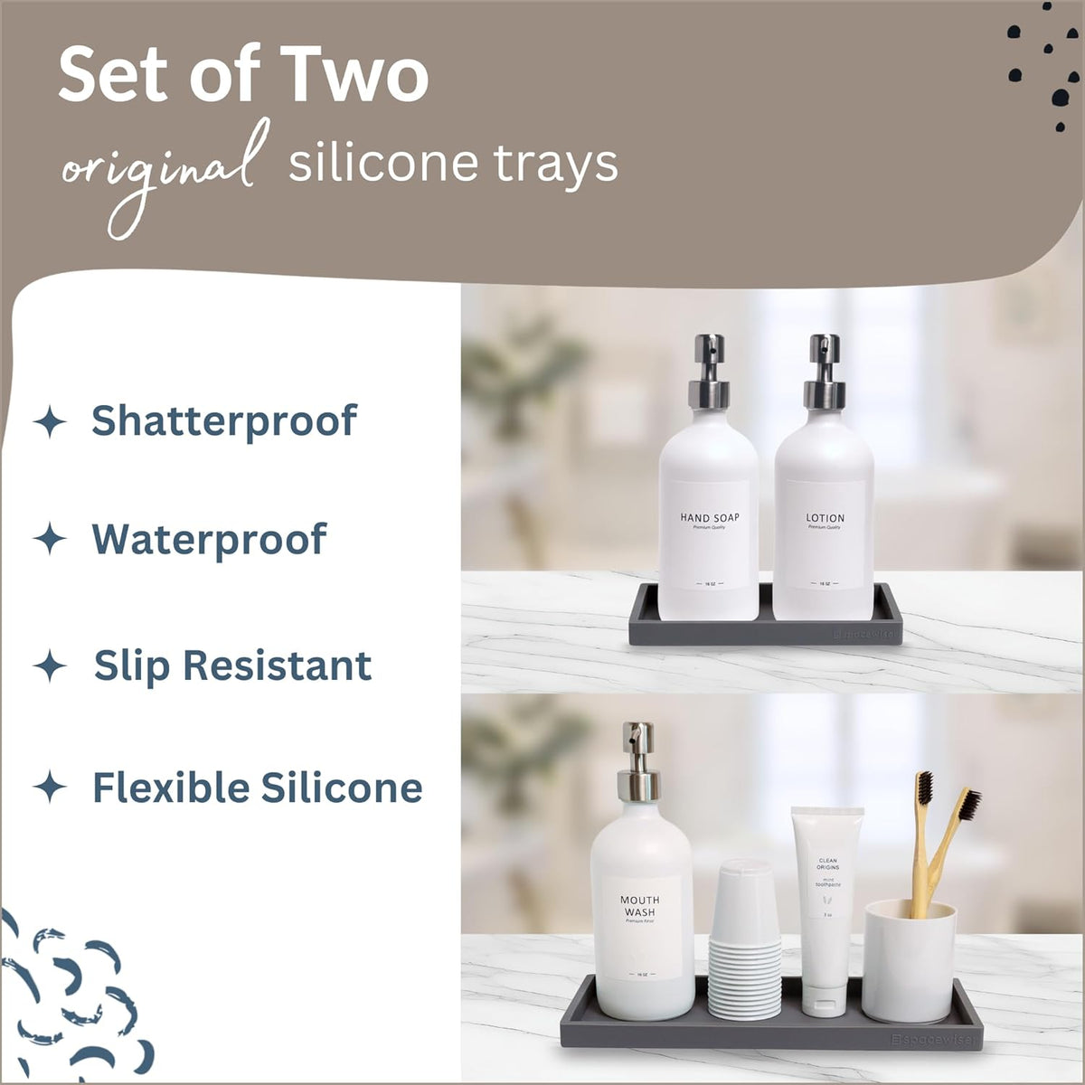 Countertop and Vanity Tray - 2 PC (11” and 7”) Shatterproof Silicone Kitchen and Bathroom Trays for