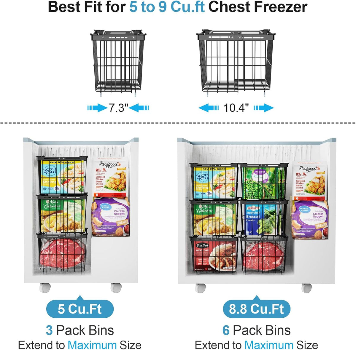 iSPECLE Freezer Organizer Bins - 3 Pack Adjustable Wider & Deeper Chest Freezer Organizer Bins for