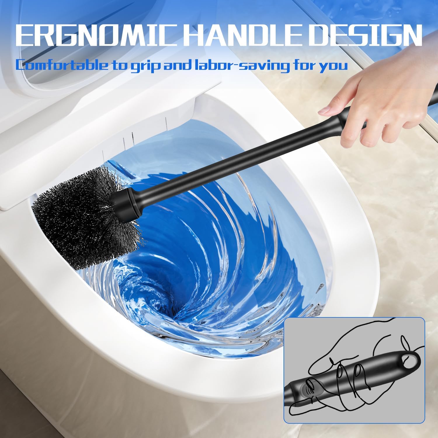 Toilet Brush and Holder 2 Pack with Long Handle - Non-Slip Grip Toilet Bowl Brush Set for Deep