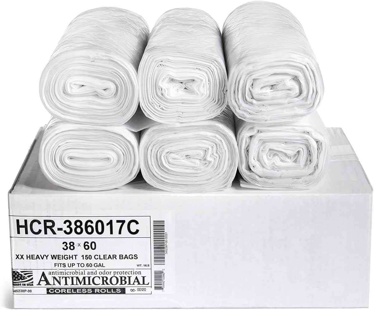 Aluf Plastics High Density Trash Bags, 60 Gallon, 150 Count, 17 Micron (eq), 38" x 60", Clear, for
