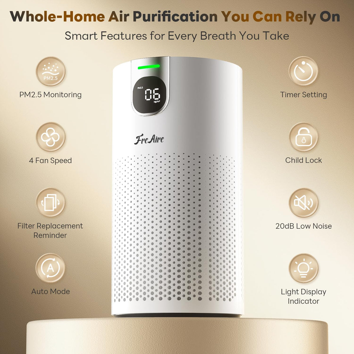 FreAire Air Purifiers for Home Large Room Covers up to 1800Ft², VisionAir 20dB Sleep Mode for