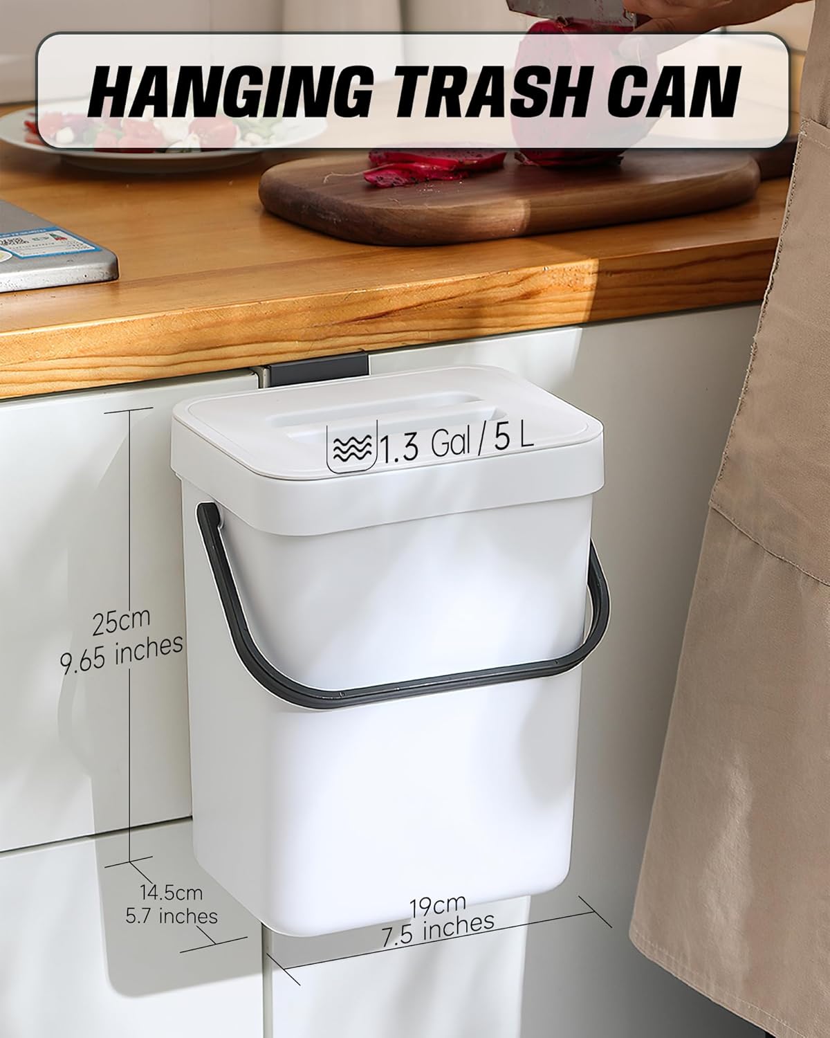 Indoor Compost Bin - 1.3 Gallons Hanging Small Trash Can with Lid for Kitchen Bathroom, Under Sink