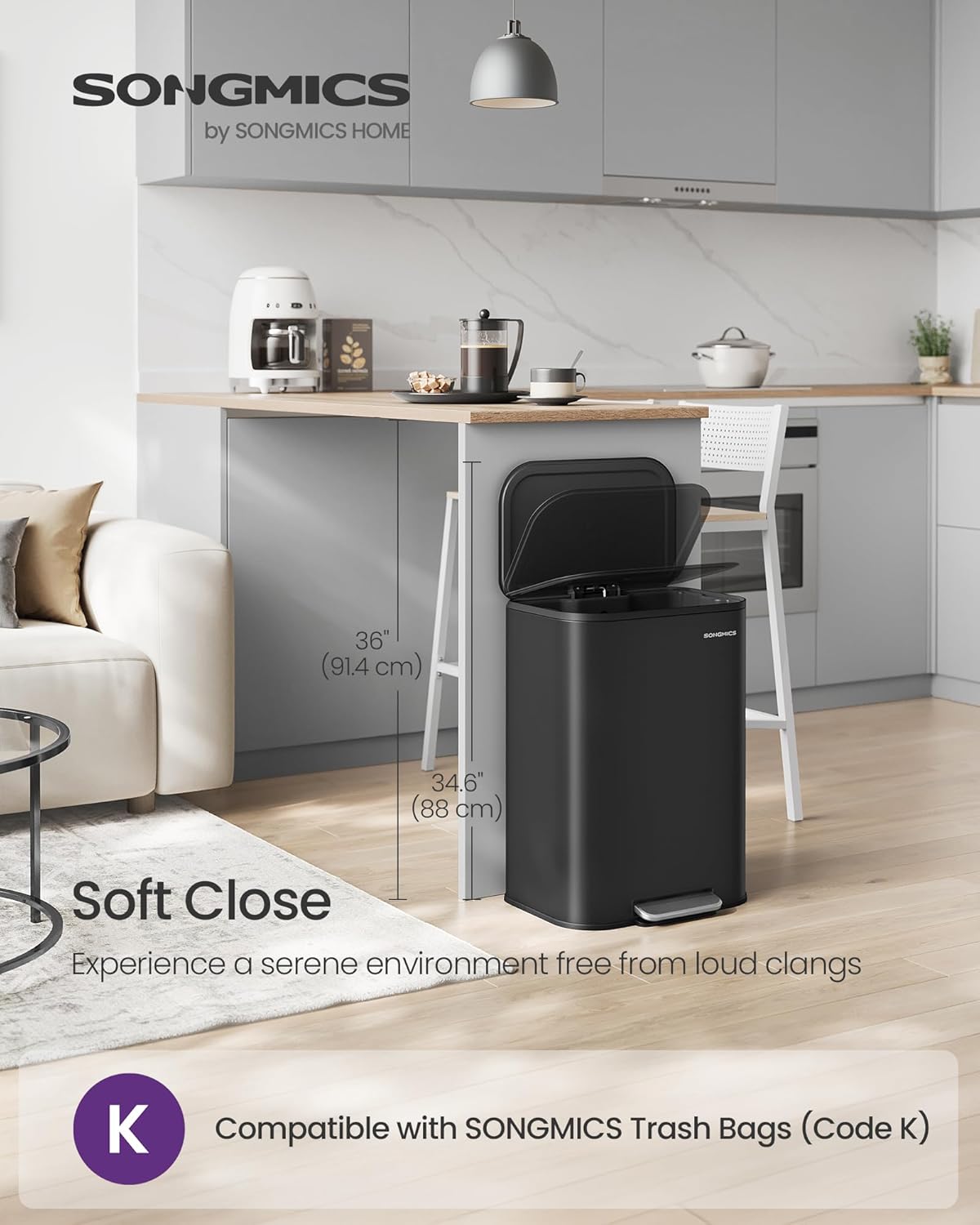 SONGMICS Kitchen Trash Can, 13-Gallon (50 L) Garbage Can with Lid, Stainless Steel, Soft Close and
