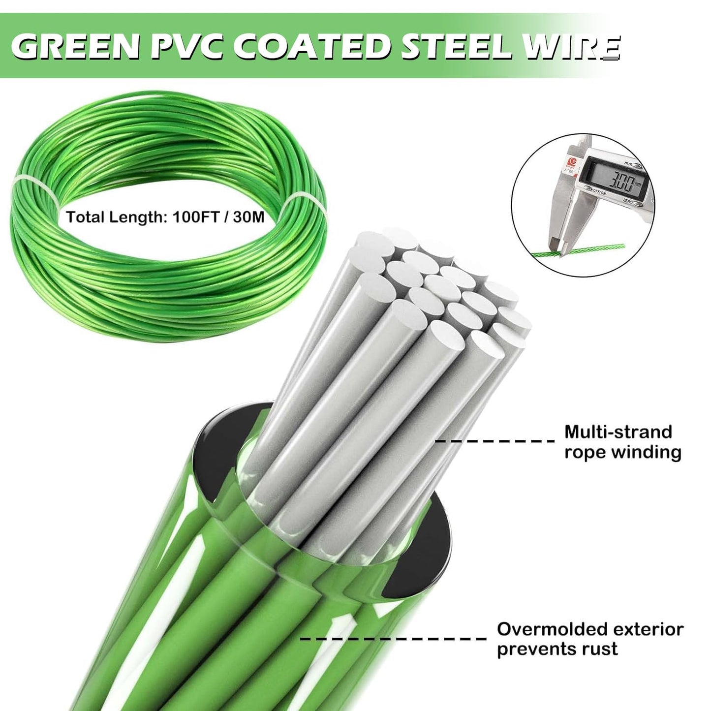 1/8" Wire Rope, 100 Ft PVC Coated Wire Cable Metal Steel Cable Trellis Kit, Multi-use Clothes Line