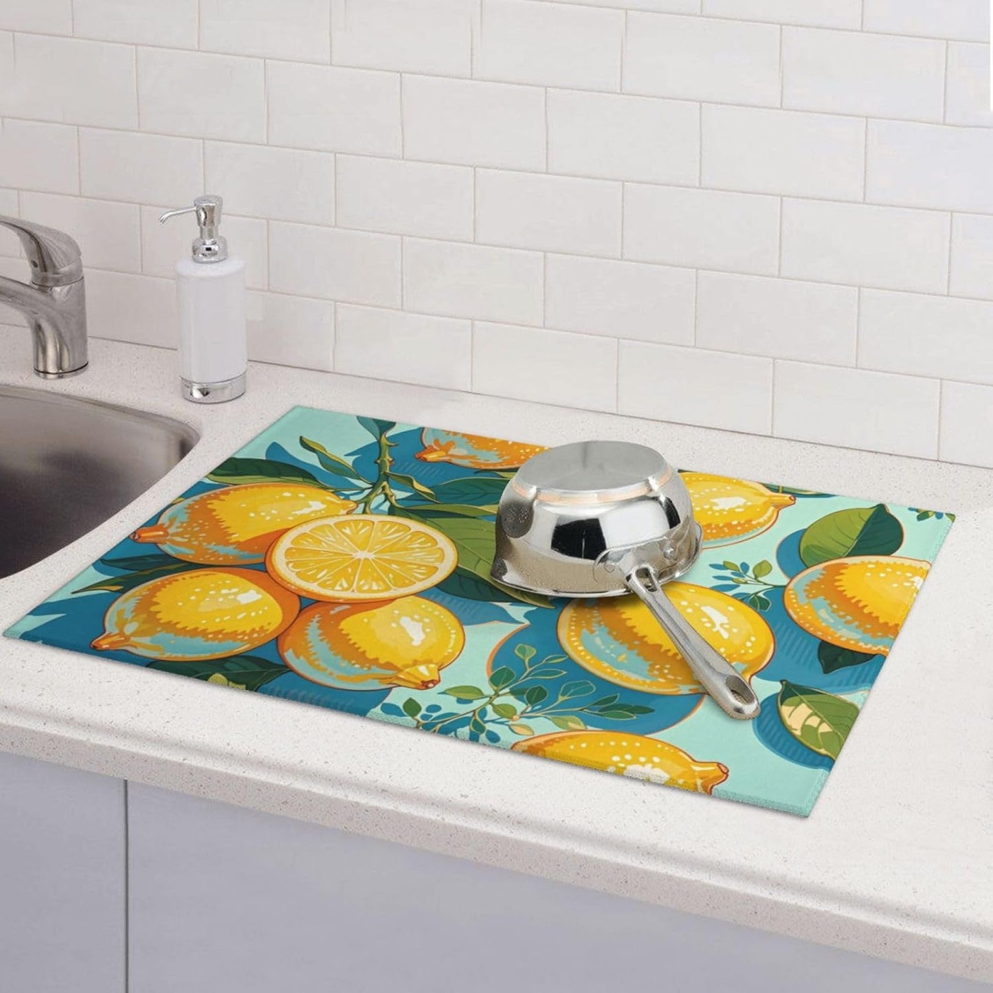lemon Dish Drying Mat Highly Absorbent Double-Sided Microfiber with Hanging Loop Reversible Drain