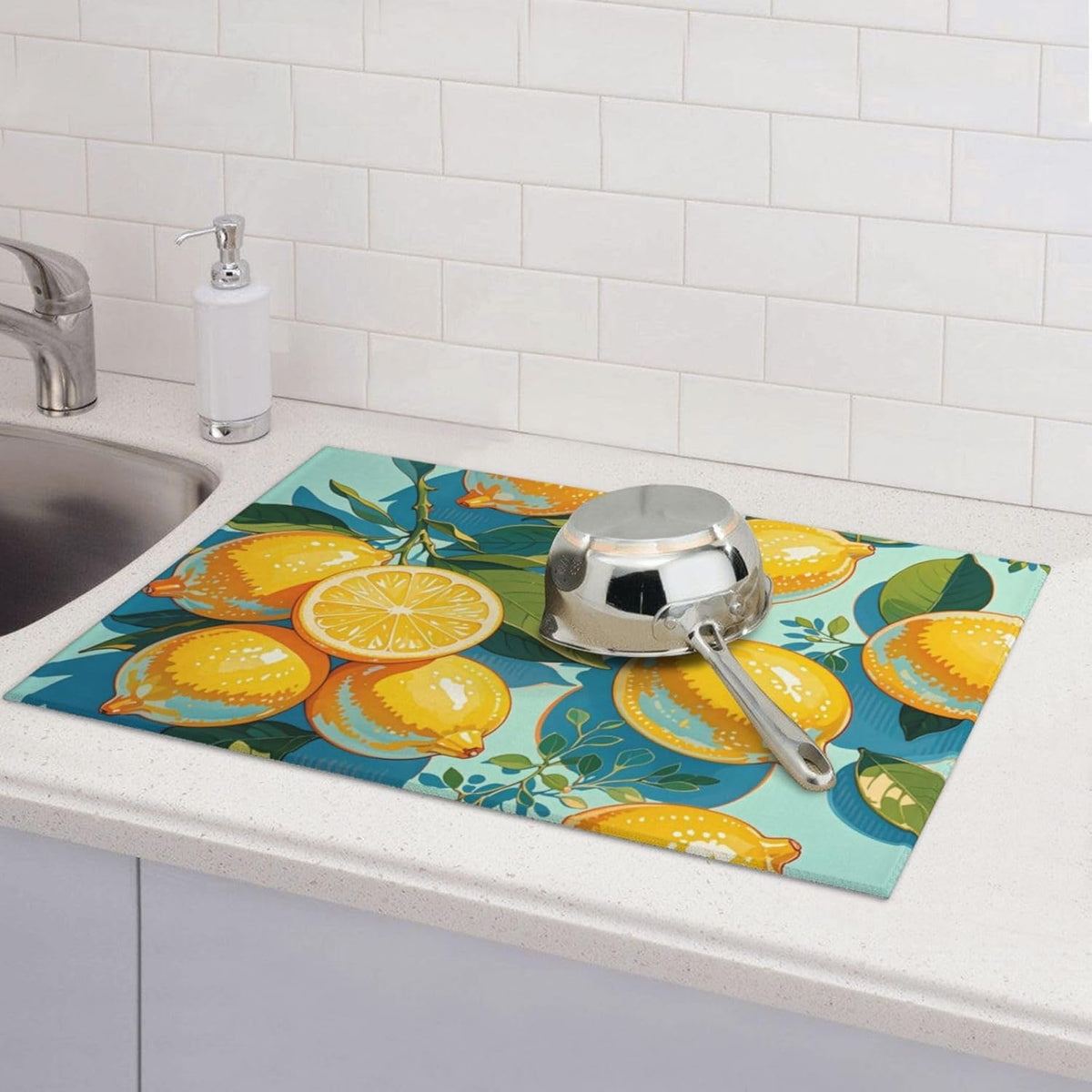 lemon Dish Drying Mat Highly Absorbent Double-Sided Microfiber with Hanging Loop Reversible Drain