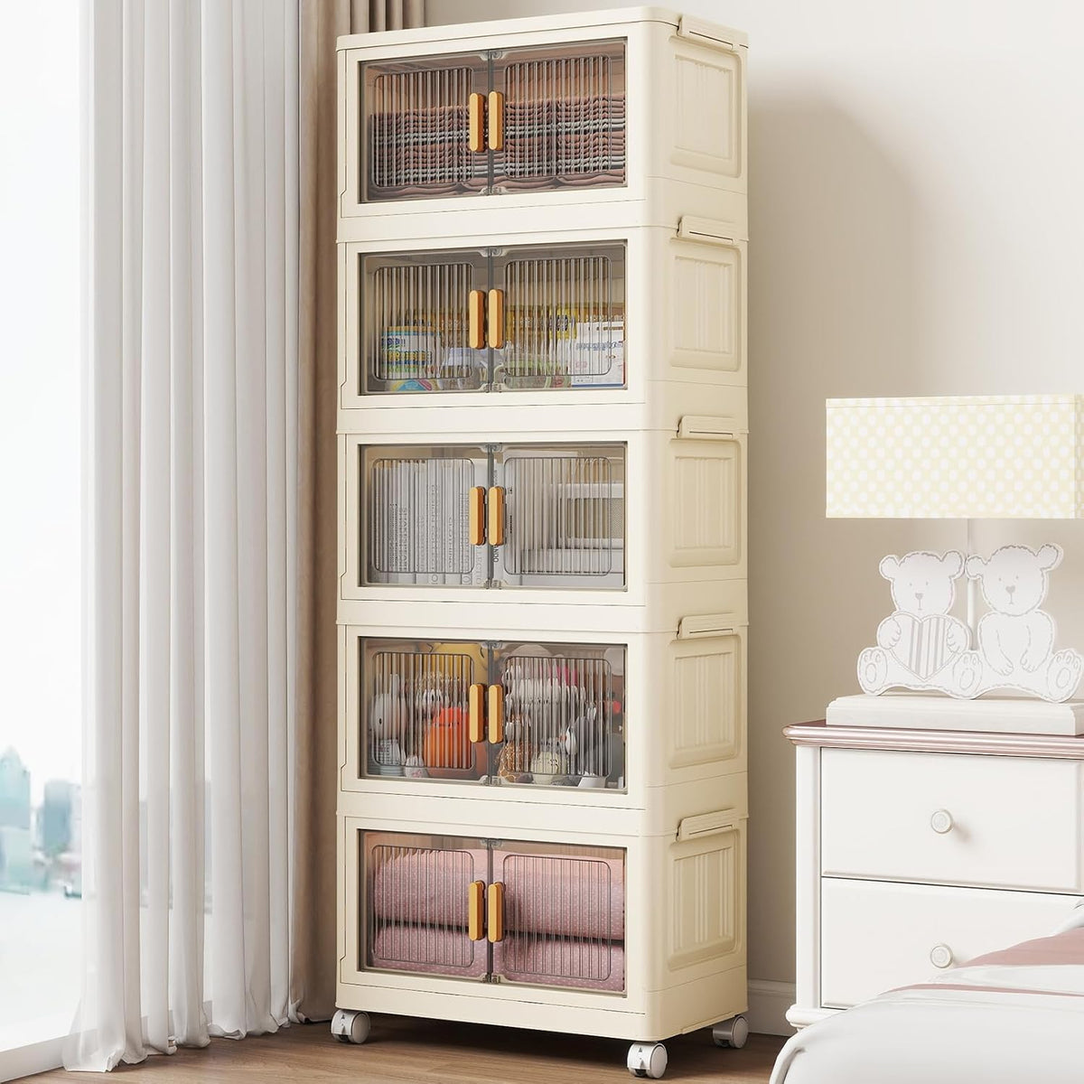 5 Tier Stackable Plastic Storage Bins with Lids 58QT, Collapsible Closet Organizers and Storage