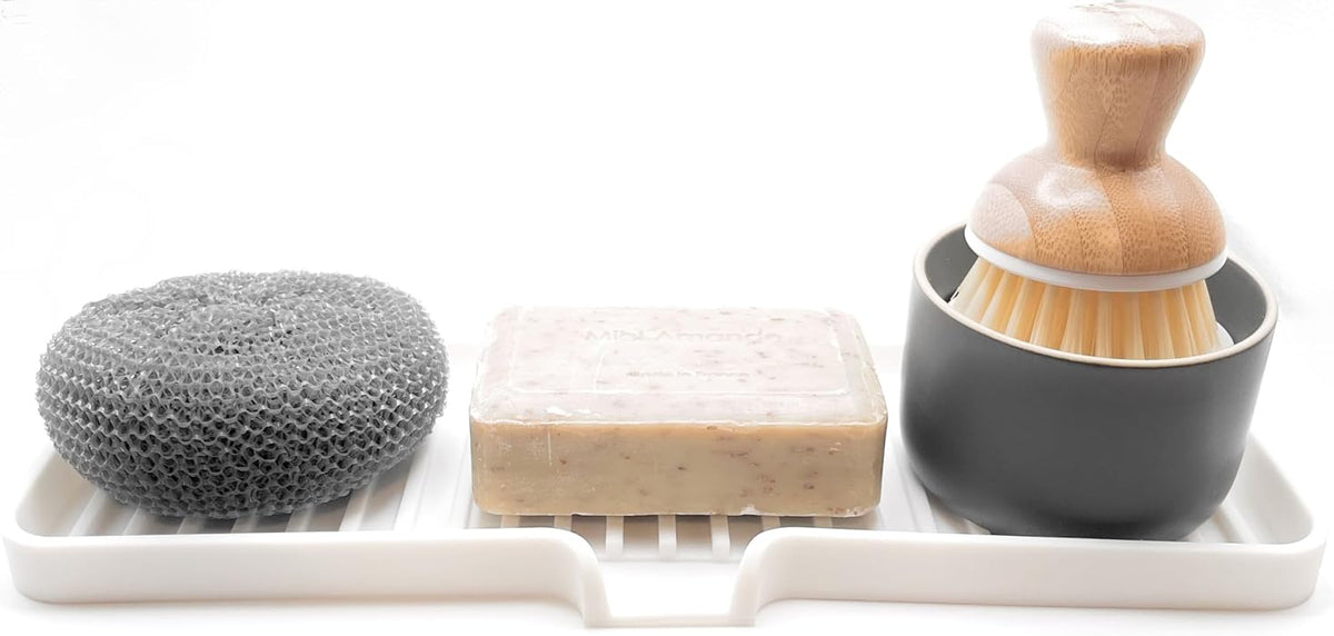 Happitasa Silicone Soap Dish Tray and Sponge Holder with Drain Chute | Bathroom and Kitchen Sink