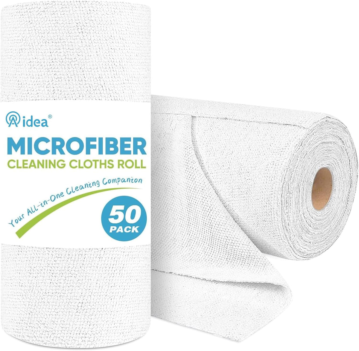 AIDEA Microfiber Cleaning Cloth Roll, White 50PK, Tear Away Reusable Paper Towels, Commercial Shop