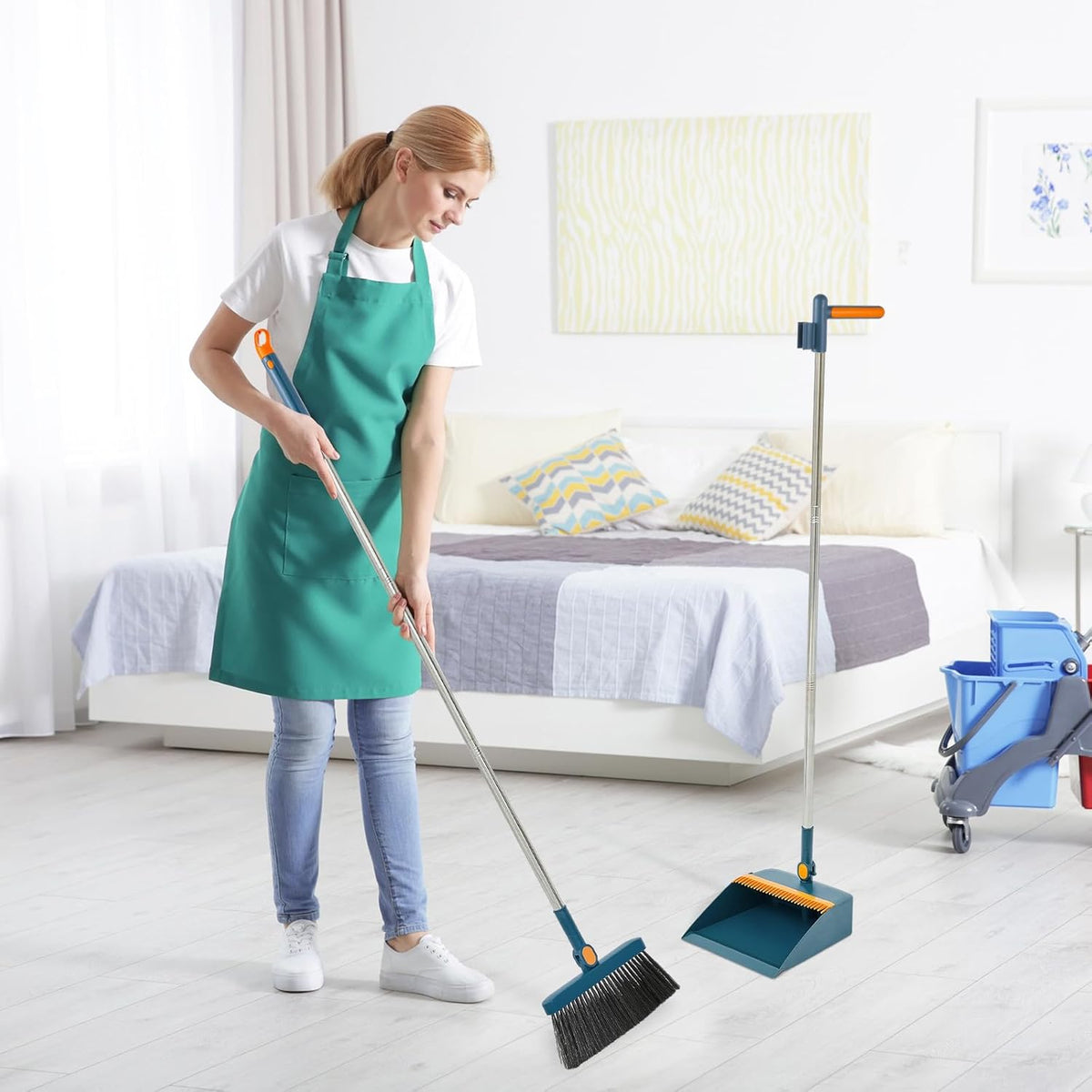 Suclain 4 Set 8 Pcs Broom and Dustpan Set 47 Inch Long Handle Brooms for Sweeping Indoor Household