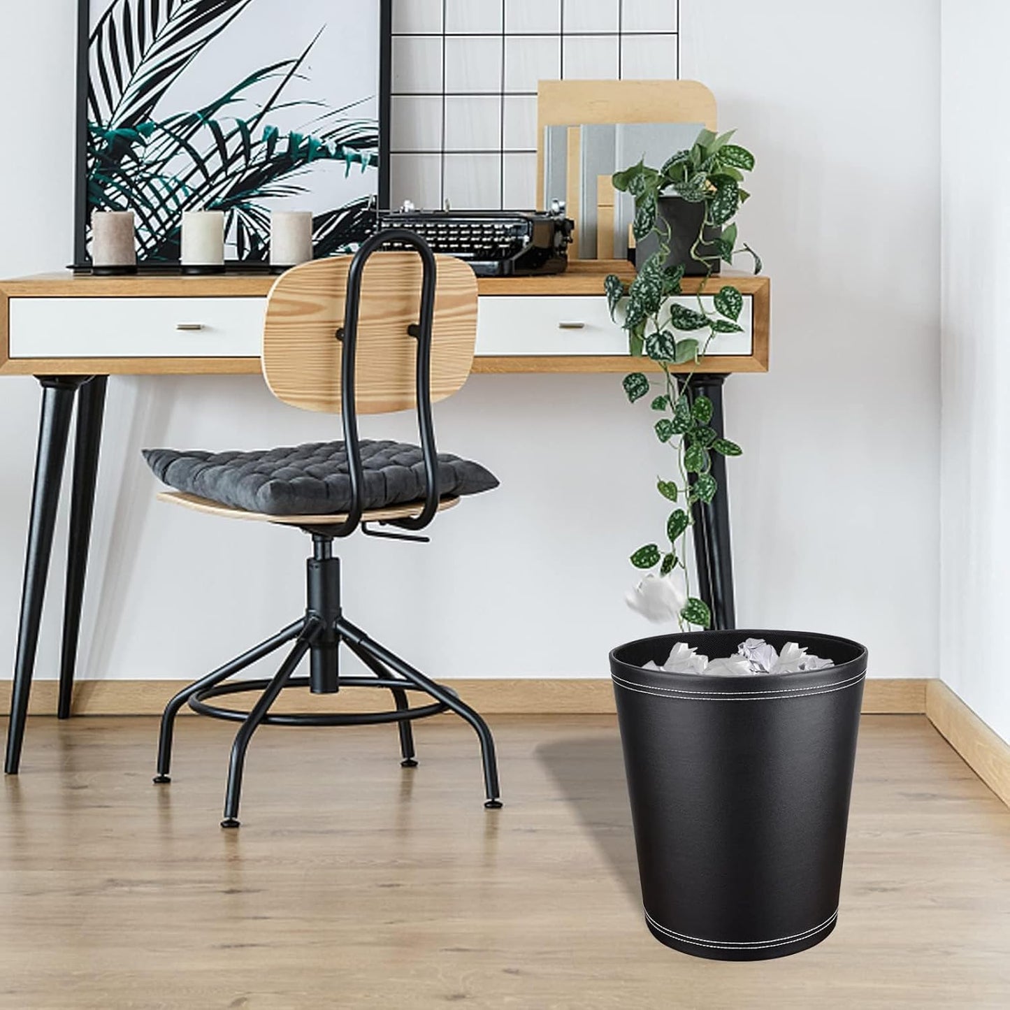 Pu Leather Trash Can, 2.6 Gallon Black Bathroom Trash Can, Small Office Garbage Can Wastebasket for