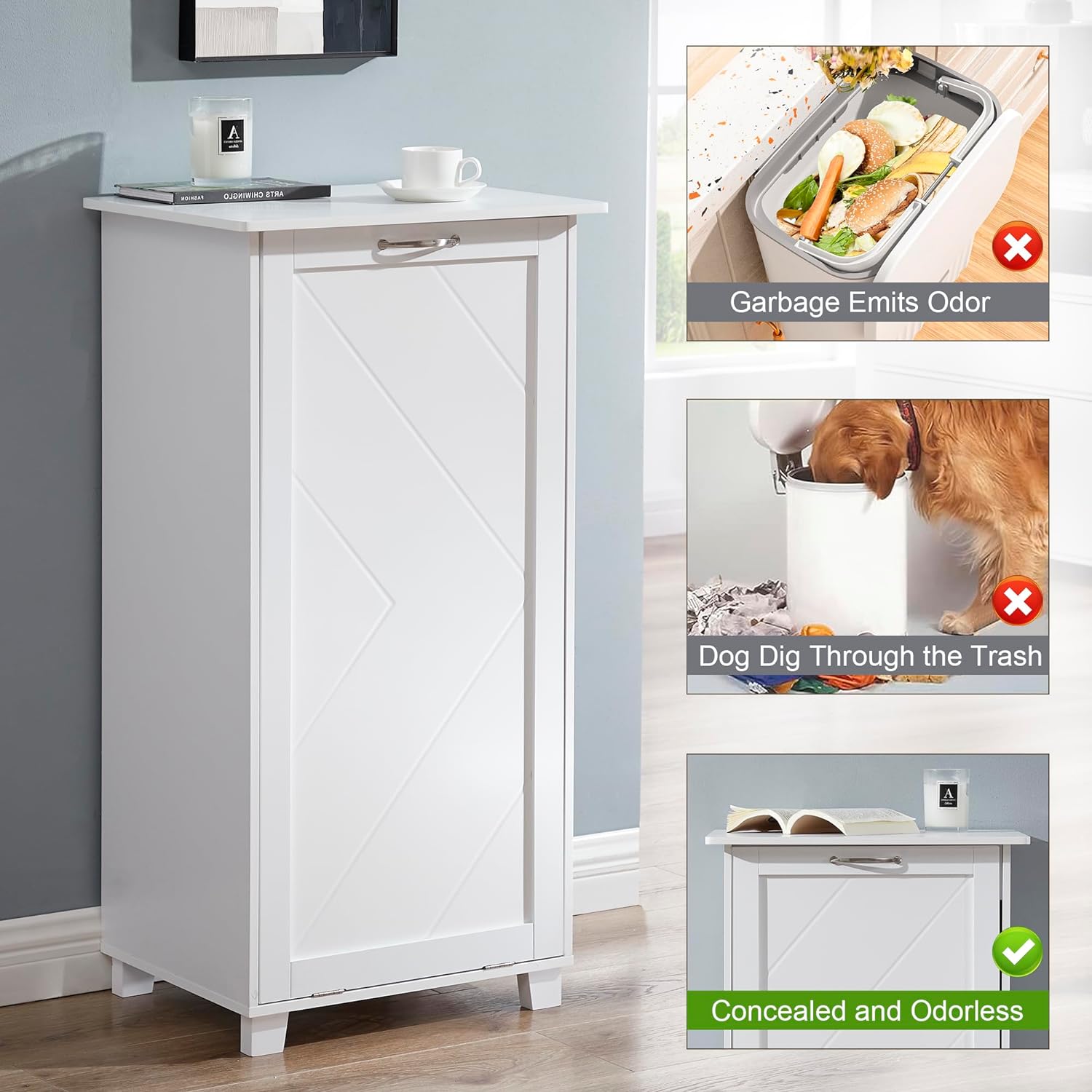 VECELO Tilt Out Kitchen Trash Bin Cabinet, Dog Proof Garbage Can with Wood Holder Free Standing