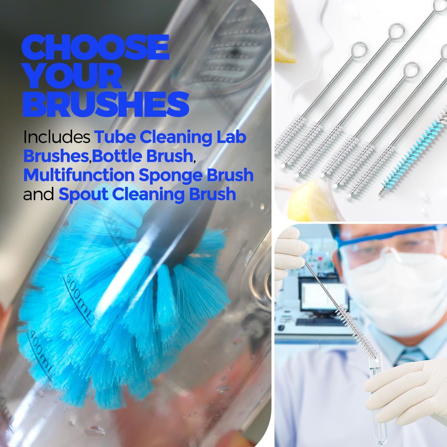 Holikme Bottle Brush Tube Cleaning Lab Set with Long Handle, Cup Cleaner for Washing Narrow Neck