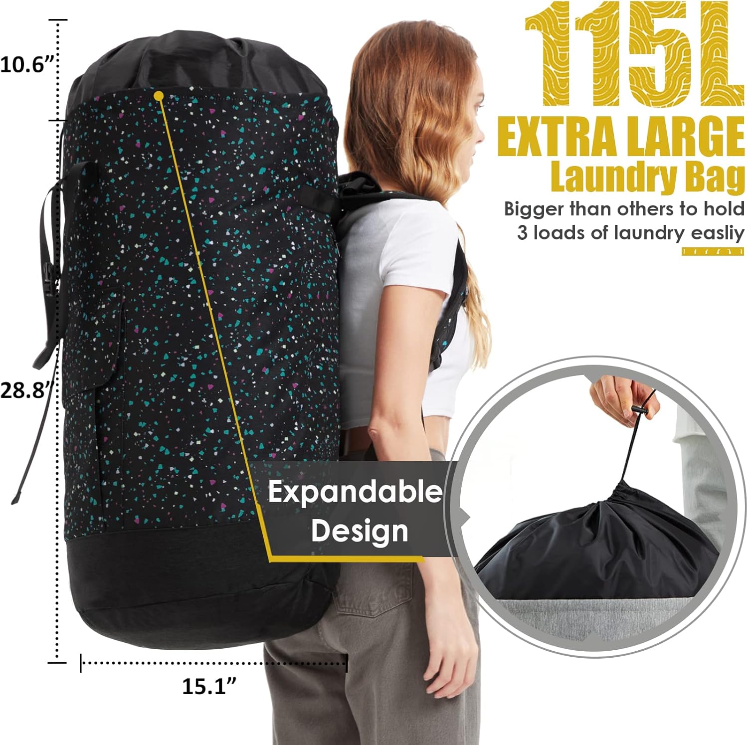 College Laundry Bag, 115L Extra Large Laundry Backpack with Shoulder Straps, Heavy Duty Backpack