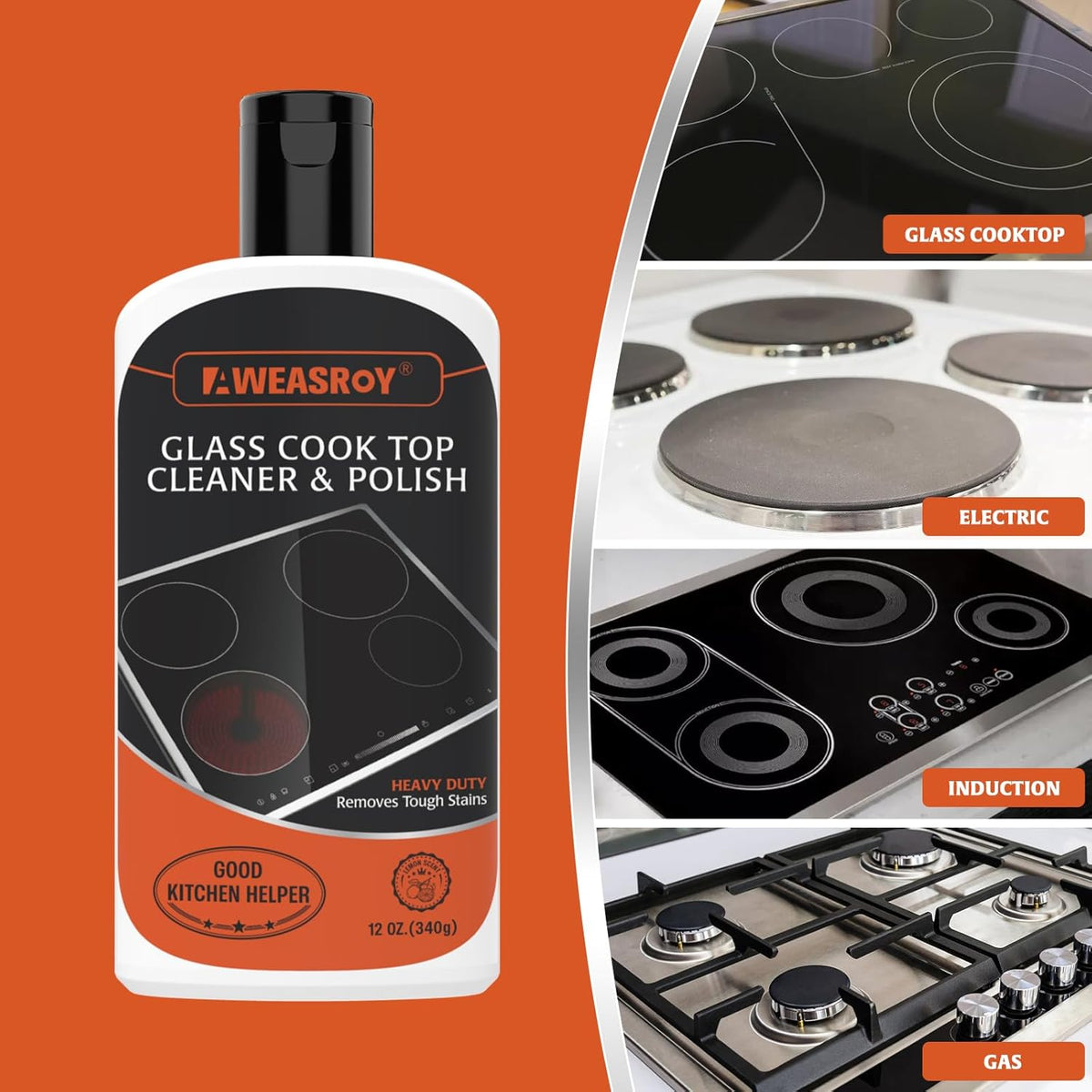 Glass Stove Top Cleaner Kit 12 oz, Cooktop Cleaner and Polish Non-Abrasive No Scratch Removes Tough
