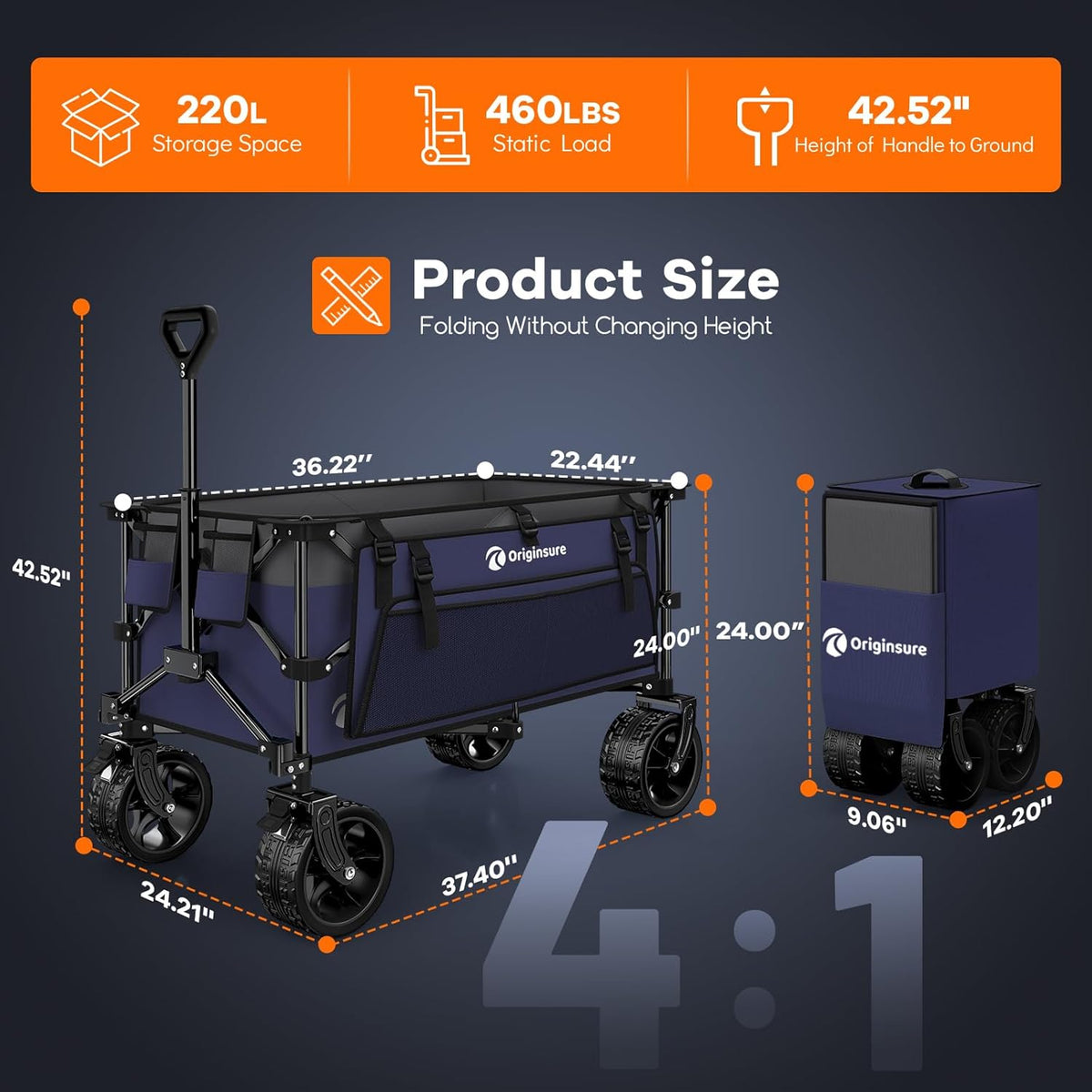 220L Collapsible Wagon Cart Foldable, 460lbs Load Capacity Heavy Duty Folding Beach Wagons with Big