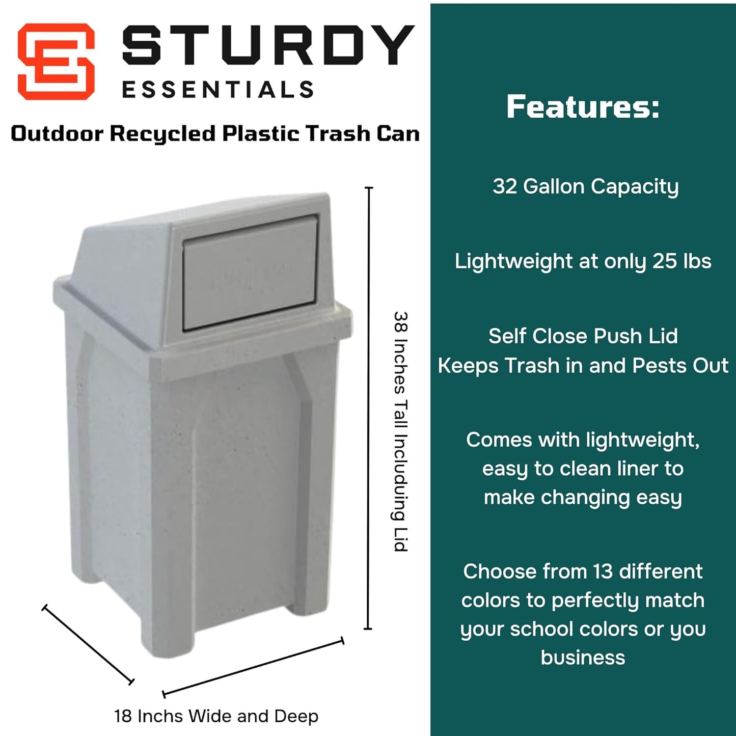 32 Gallon Square 100% Recycled Plastic Heavy Duty Outdoor Trash Can with Push Lid - Great for