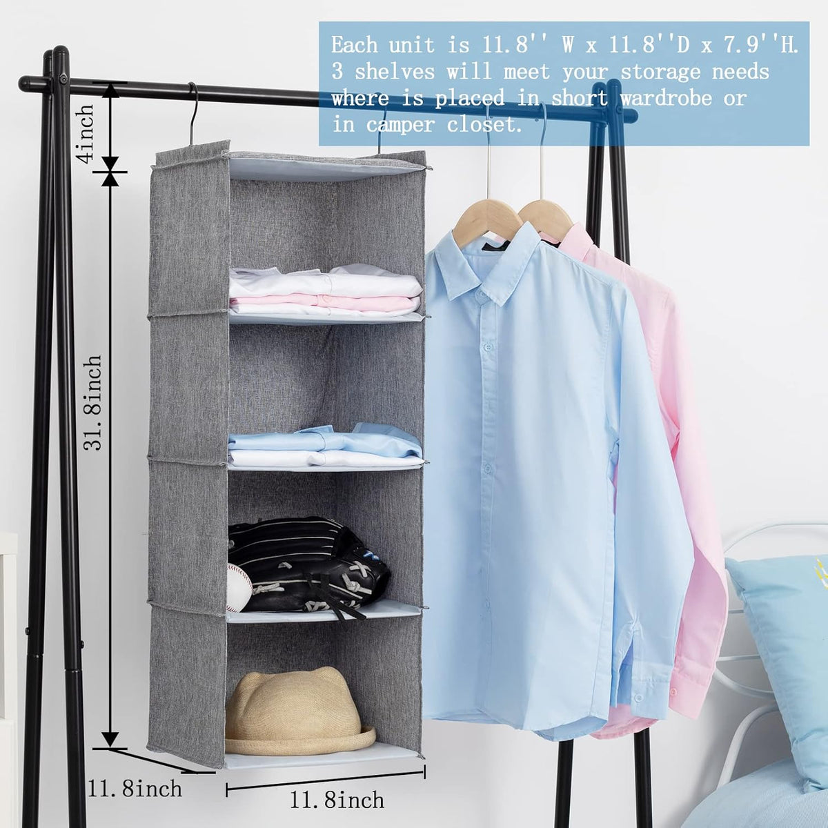 Hanging Closet Organizer, Easy Mount Collapsible 4-Shelf Camper Closet Wardrobe Hanging Storage