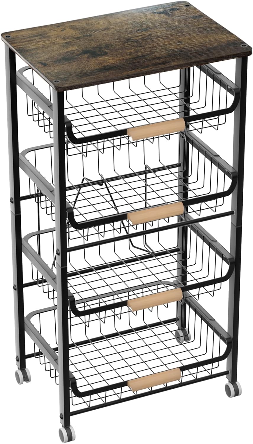 5-Layer Fruit Basket Kitchen Food Organizer and Rack, Stackable Storage Cart with Desktop, Pull-Out