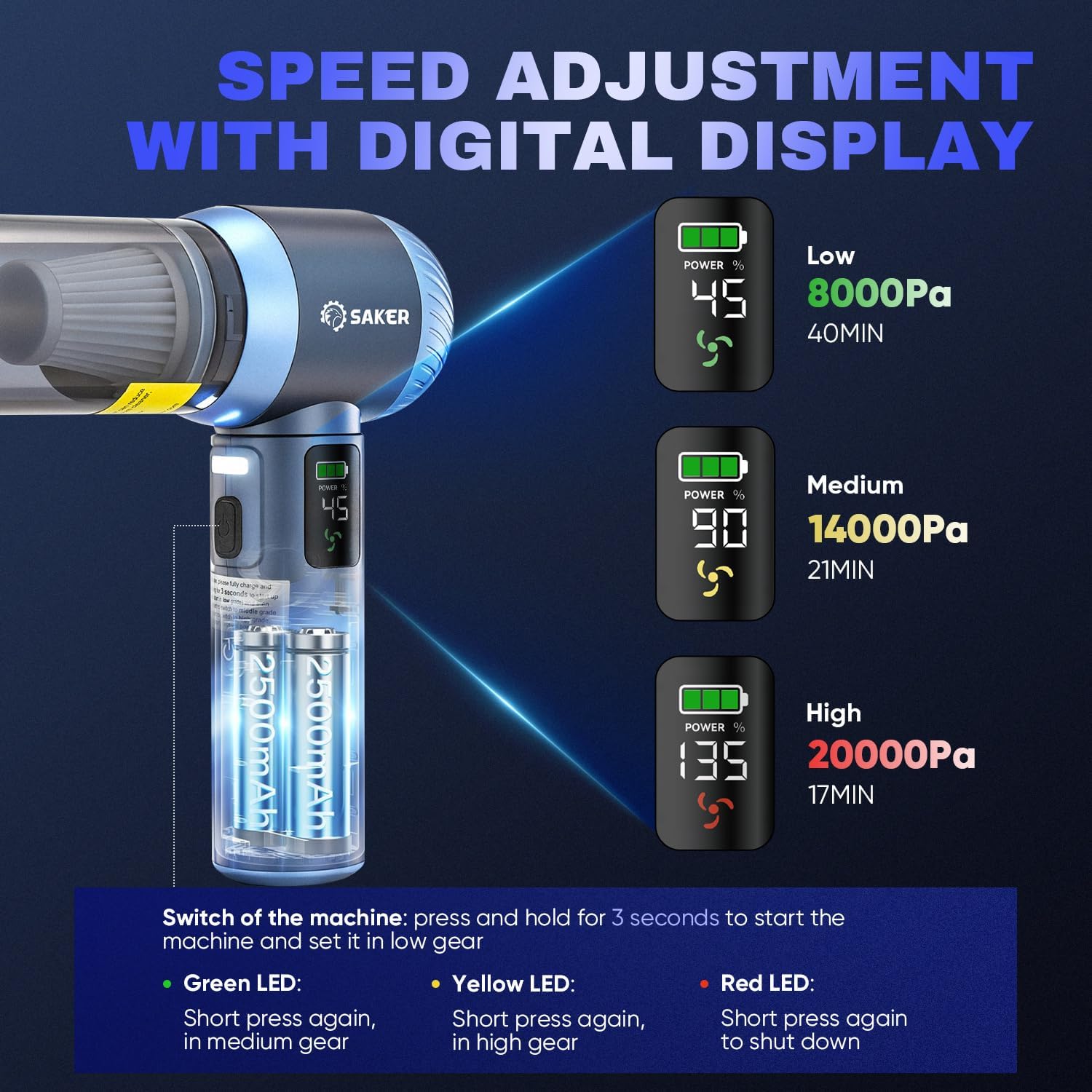 Saker Car Vacuum Portable Cordless 20000Pa Suction Power 4 in 1 Handheld Vacuum with LED Light