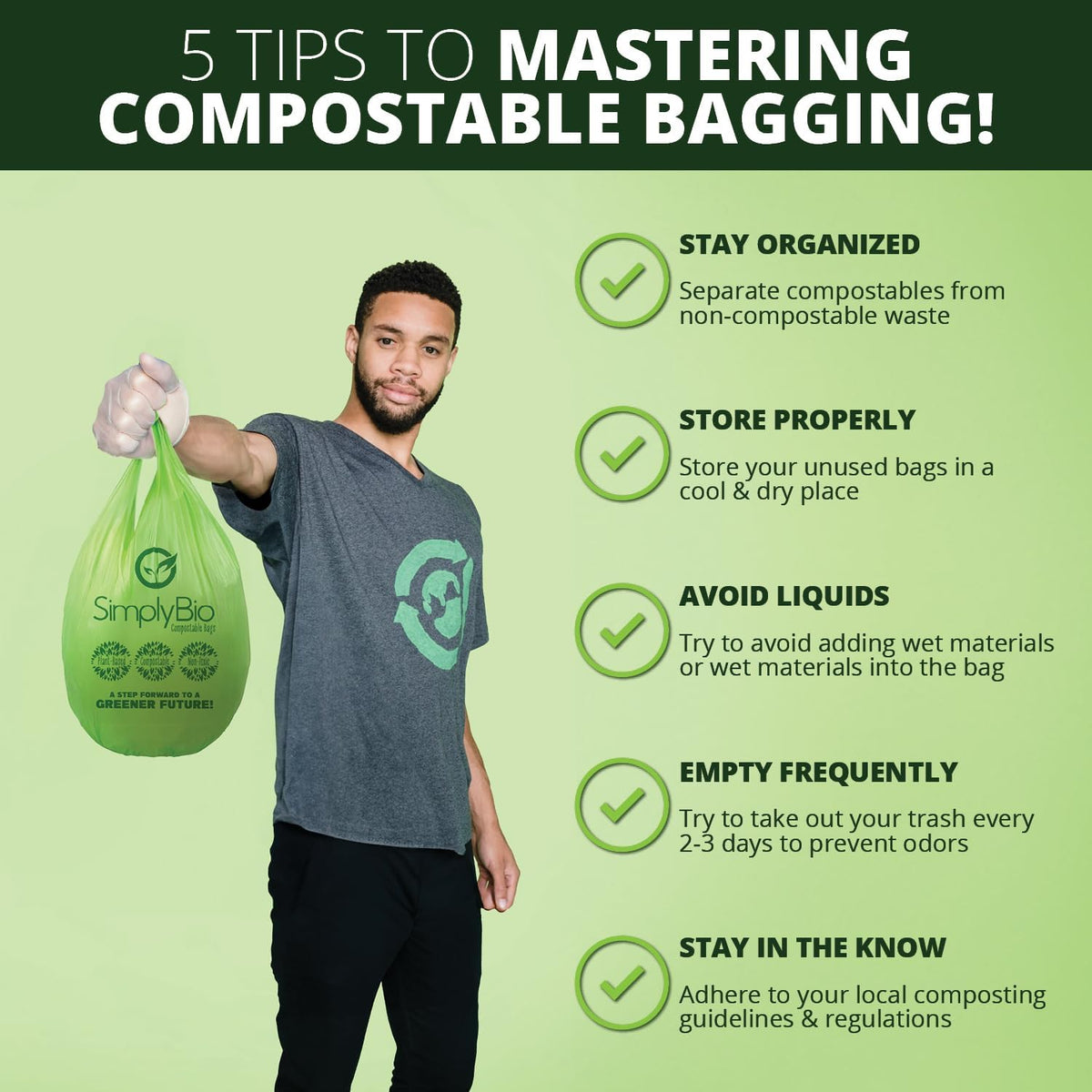 Simply Bio 3 Gallon Compostable Trash Bags Liners with Handle-Tie, Thick 0.67 Mil, 11.36 Liter, 80