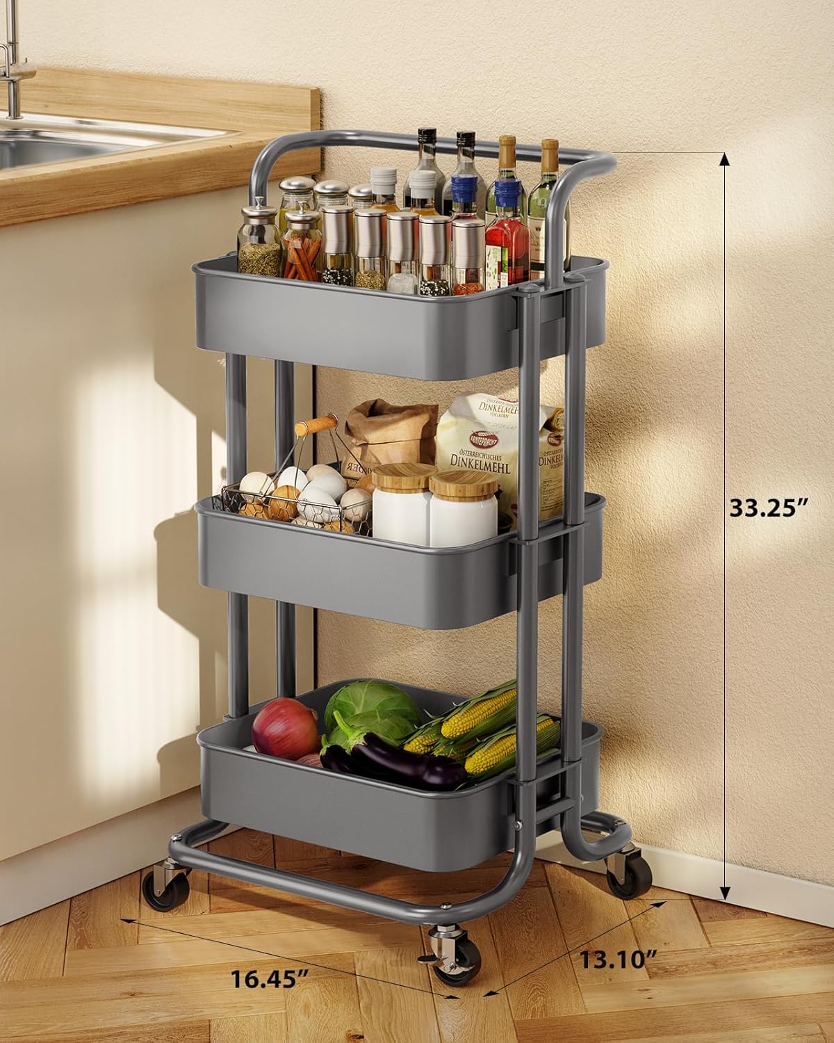 Pipishell 3 Tier Mesh Utility Cart, Rolling Metal Organization Cart with Handle and Lockable