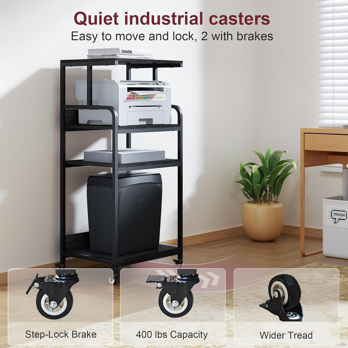4 Tier Printer Stand with Storage Shelf, Large Tall Printer Table for Home Office, Mobile Printer