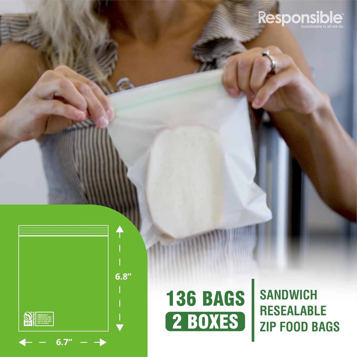 Responsible Products Certified Compostable SANDWICH Resealable Zip Bag, Extra Strength Food Bags