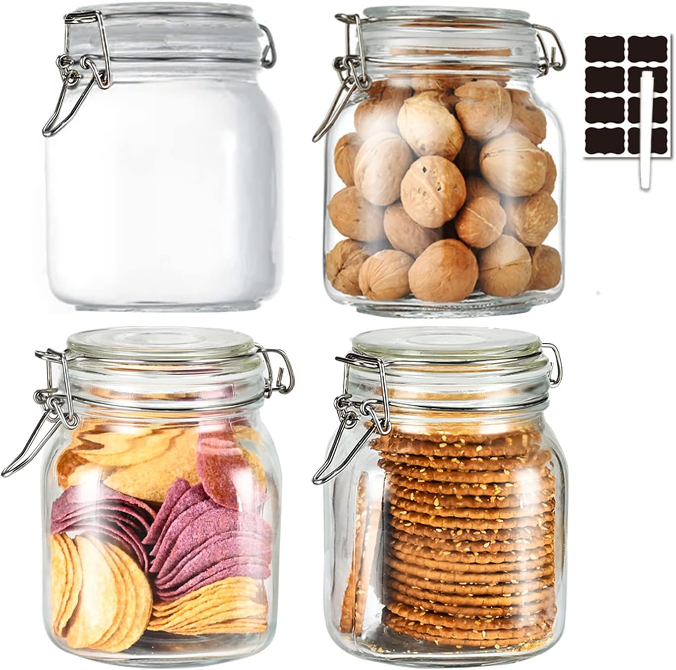 32oz Glass Food Storage Jars with Airtight Clamp Lids,Set of 4 Airtight Glass Canister Square