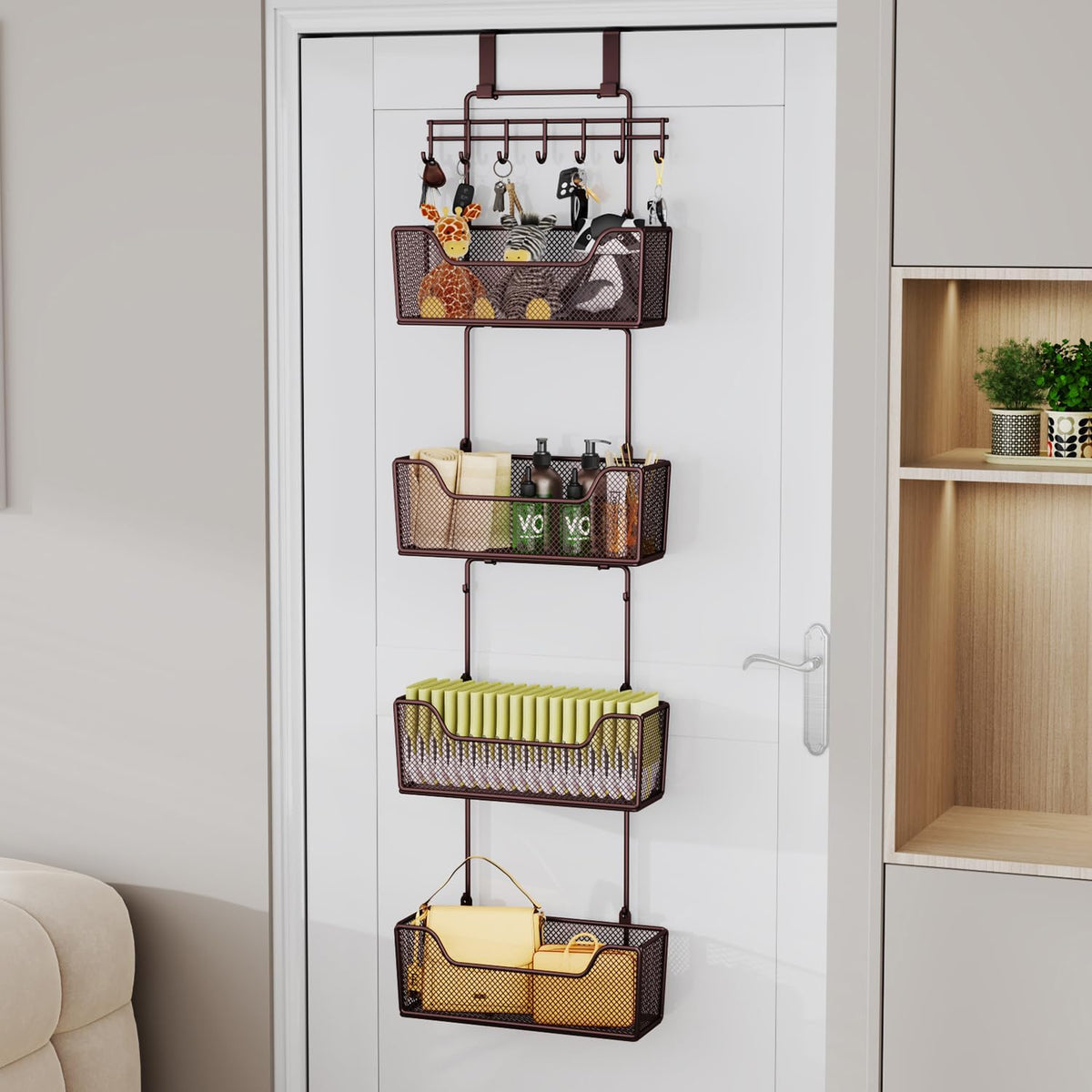 HapiRm Over The Door Organizer - Hanging Door Organizer with 4 Metal Large Capacity Baskets and