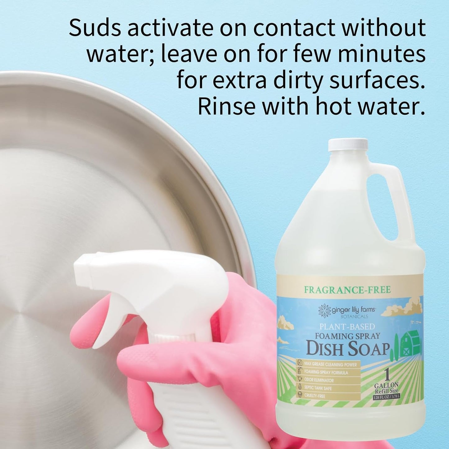 Ginger Lily Farms Botanicals Plant-Based Foaming Spray Dish Soap, Concentrated Formula with Max