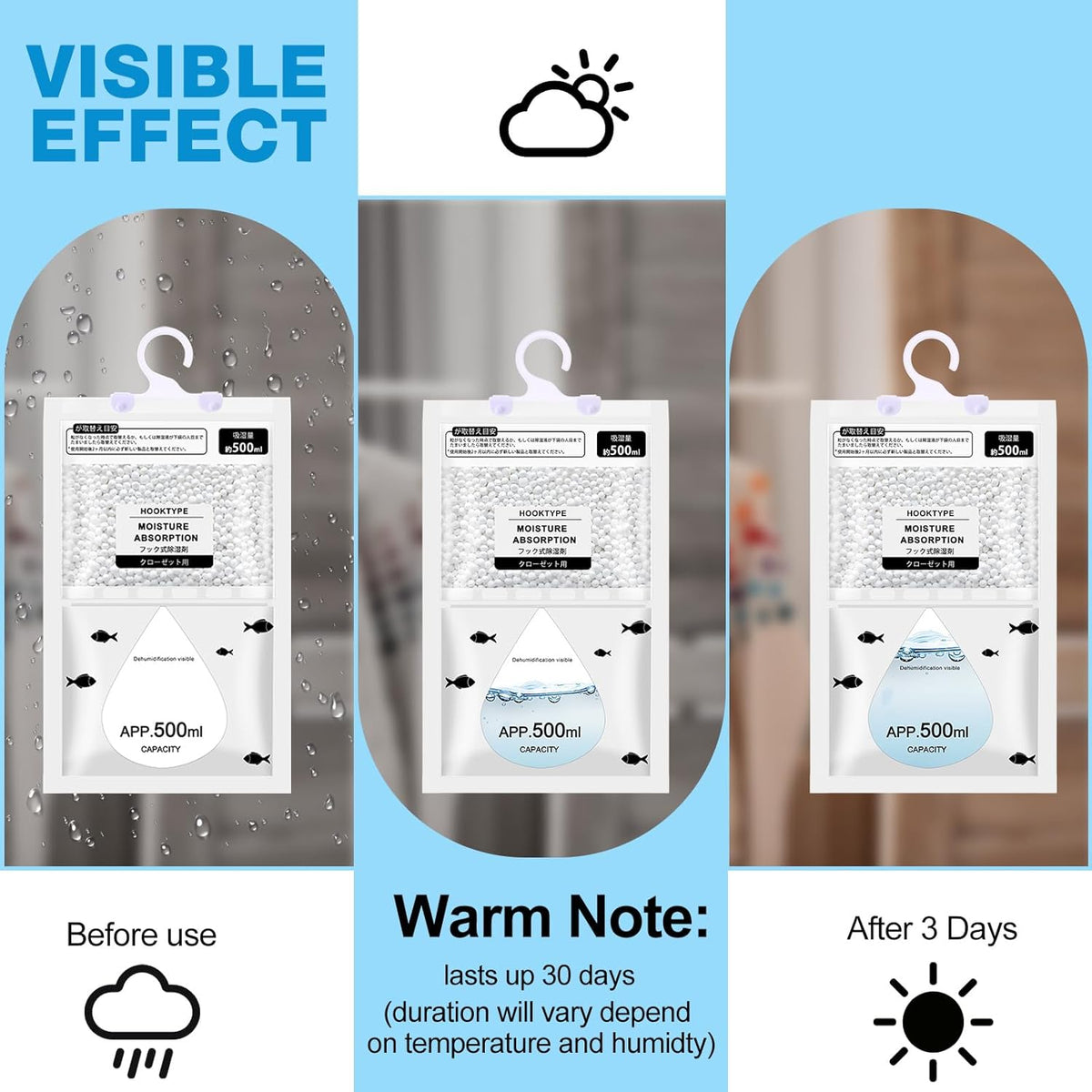 Nuanchu 30 Pack 500 ml Moisture Absorber Hanging Closet Dehumidifier Bags Unscented Hanging