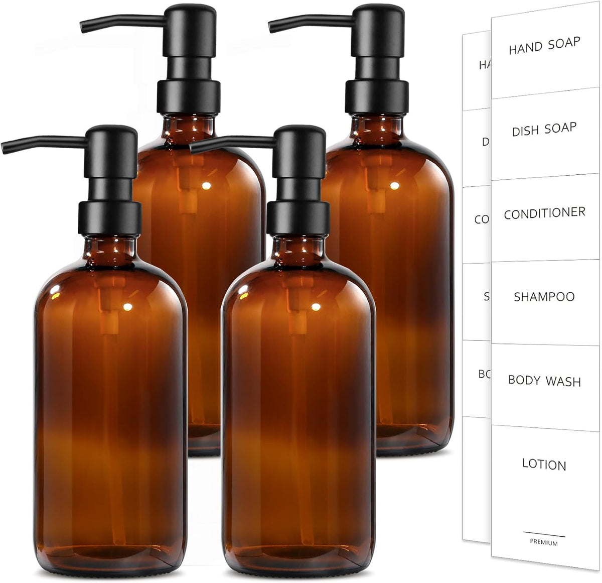 GMISUN Amber Glass Soap Dispenser, 4 Pack Bathroom Hand Soap Dispensers with Stainless Steel Pump