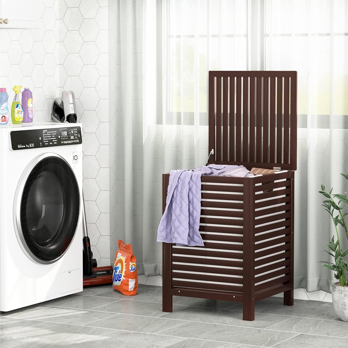 Homykic Bamboo Laundry Hamper with Lid, 120L Large Clothes Laundry Sorter with Removable 2-Section