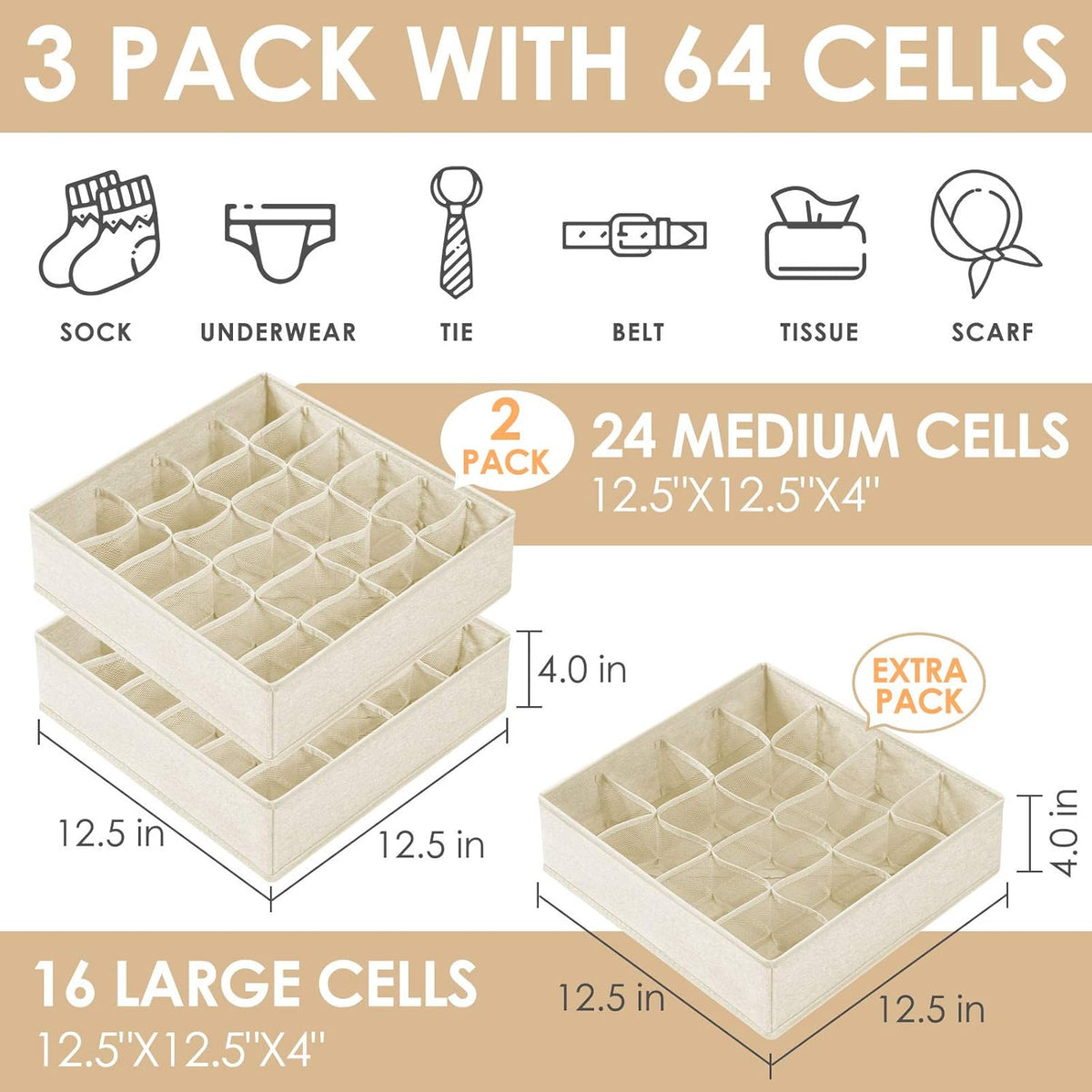 Criusia 3 Pack Sock Underwear Drawer Organizer Dividers, 64 Cell Fabric Foldable Cabinet Dresser