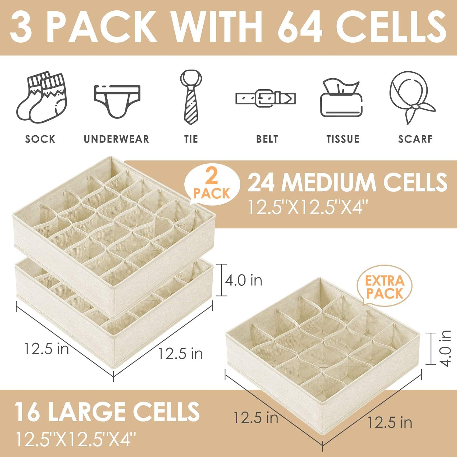 Criusia 3 Pack Sock Underwear Drawer Organizer Dividers, 64 Cell Fabric Foldable Cabinet Dresser