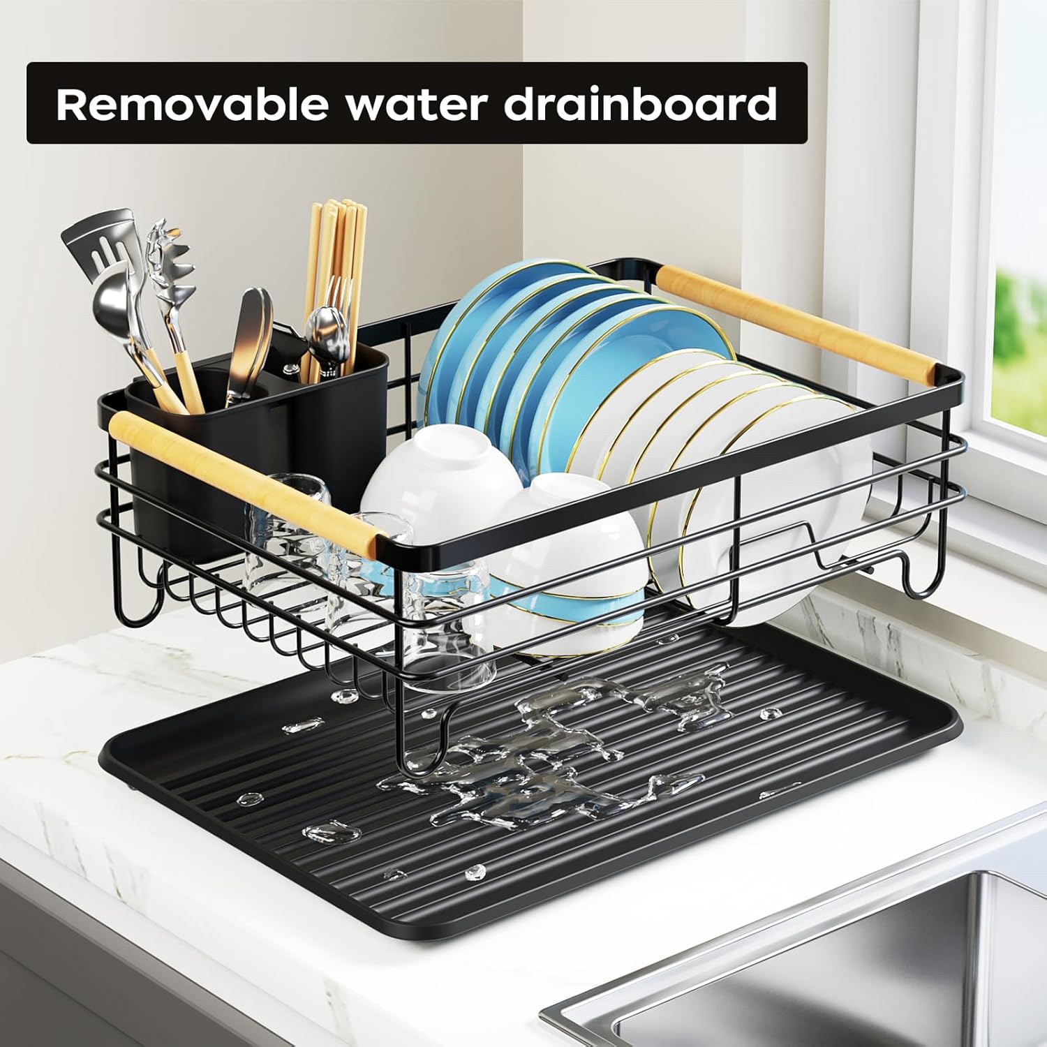 Dish Racks for Kitchen Counter: Wooden Handles, Thickened Metal, No Assembly. Small Dish Drying