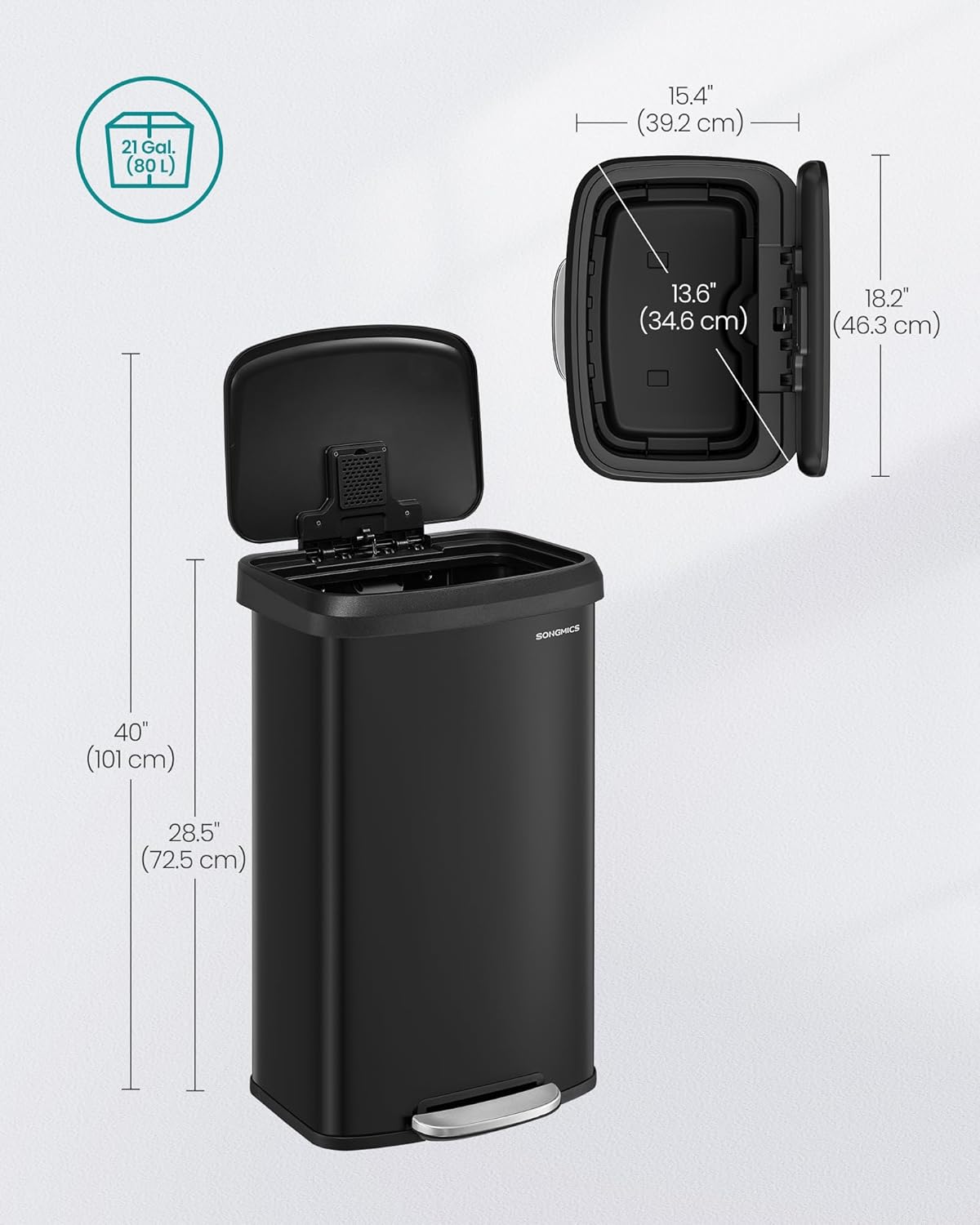 SONGMICS Kitchen Trash Can, 21 Gallon (80 L) Stainless Steel Garbage Can, with Stay-Open Lid and