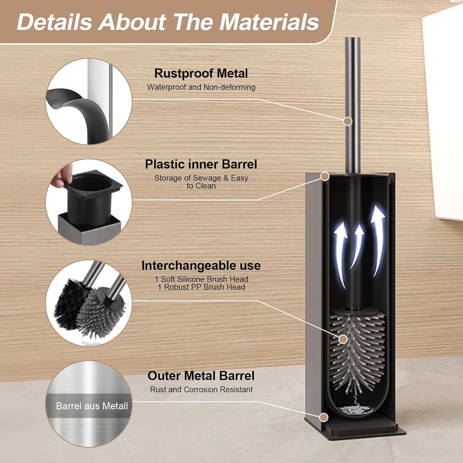 BGL Standing Toilet Brush and Holder GunGrey Aluminium Toilet Bowl Cleaner Brush and Holder for