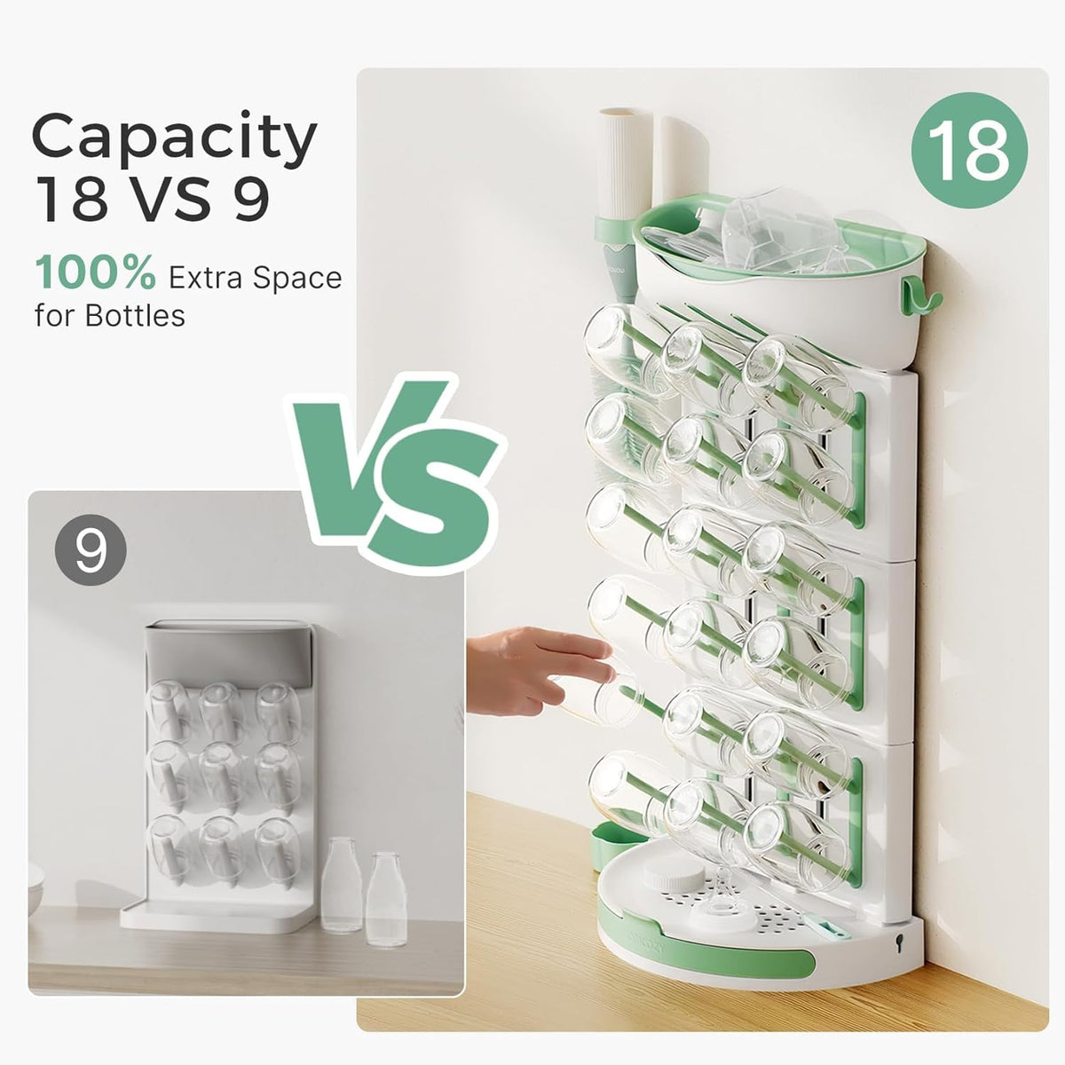 Momcozy DIY Larger Bottle Drying Rack for 18 Bottles, Space Saving Countertop Vertical Rack with