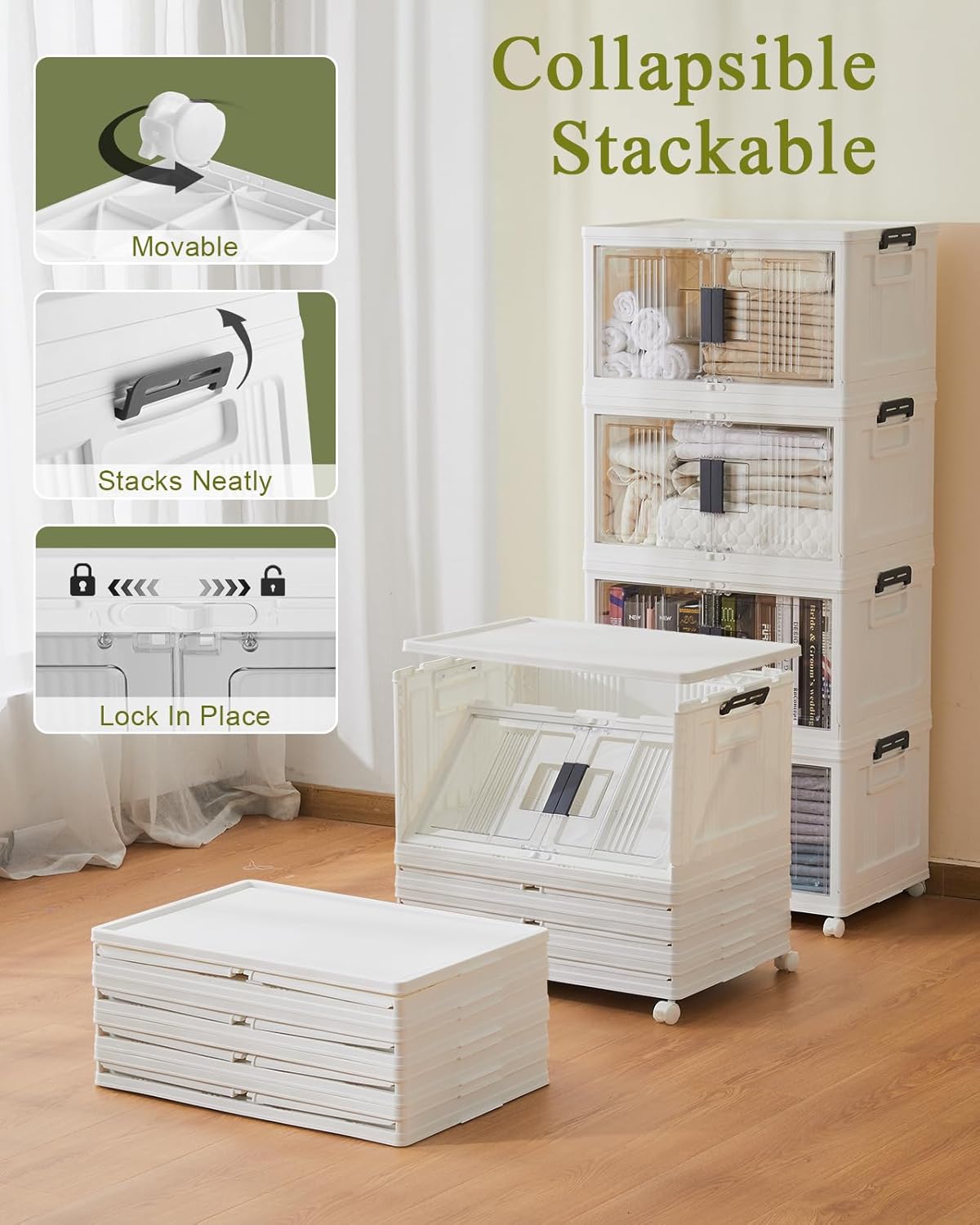 OlarHike 48QT Lockable Storage Bins with Lids - Folding Storage box with Doors and Wheels