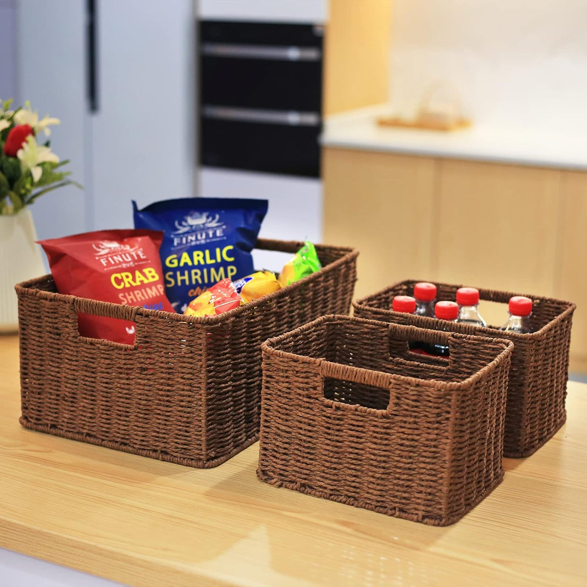 HOONEX Large Woven Baskets for Storage, Paper Rope Baskets with Sturdy Metal Wire Frame, Baskets