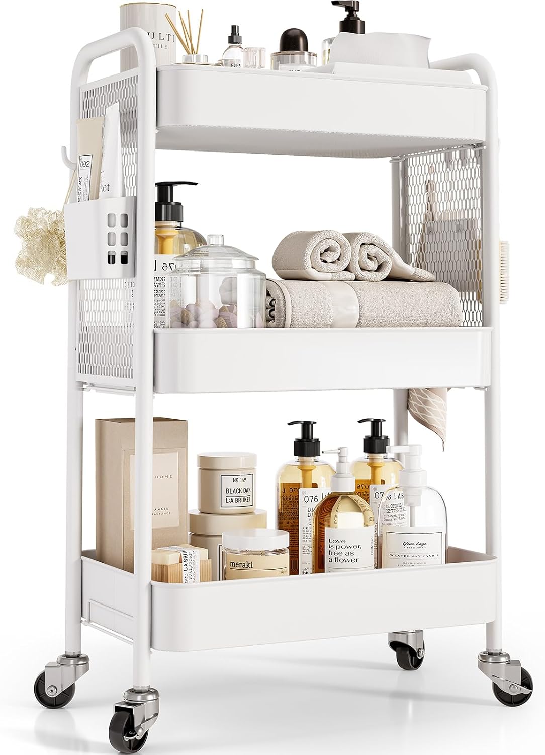 TOOLF 3 Tier Rolling Cart Storage Organizer, Metal Rolling Utility Cart with Wheels, Hooks & Bins