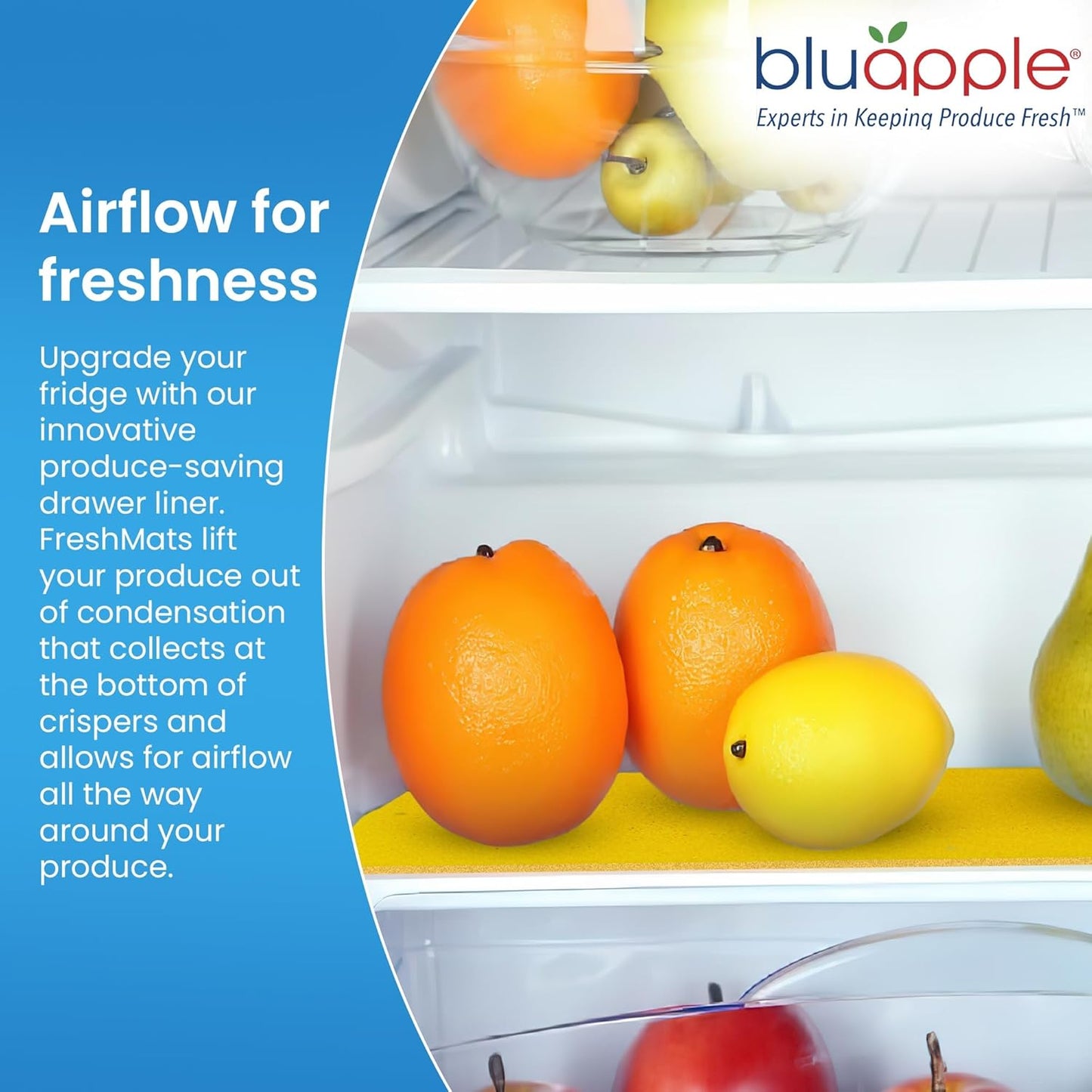 Bluapple FreshMats, Refrigerator Bin Liner, Fridge Drawer Mats, Crisper Life Extender Liner Keeps