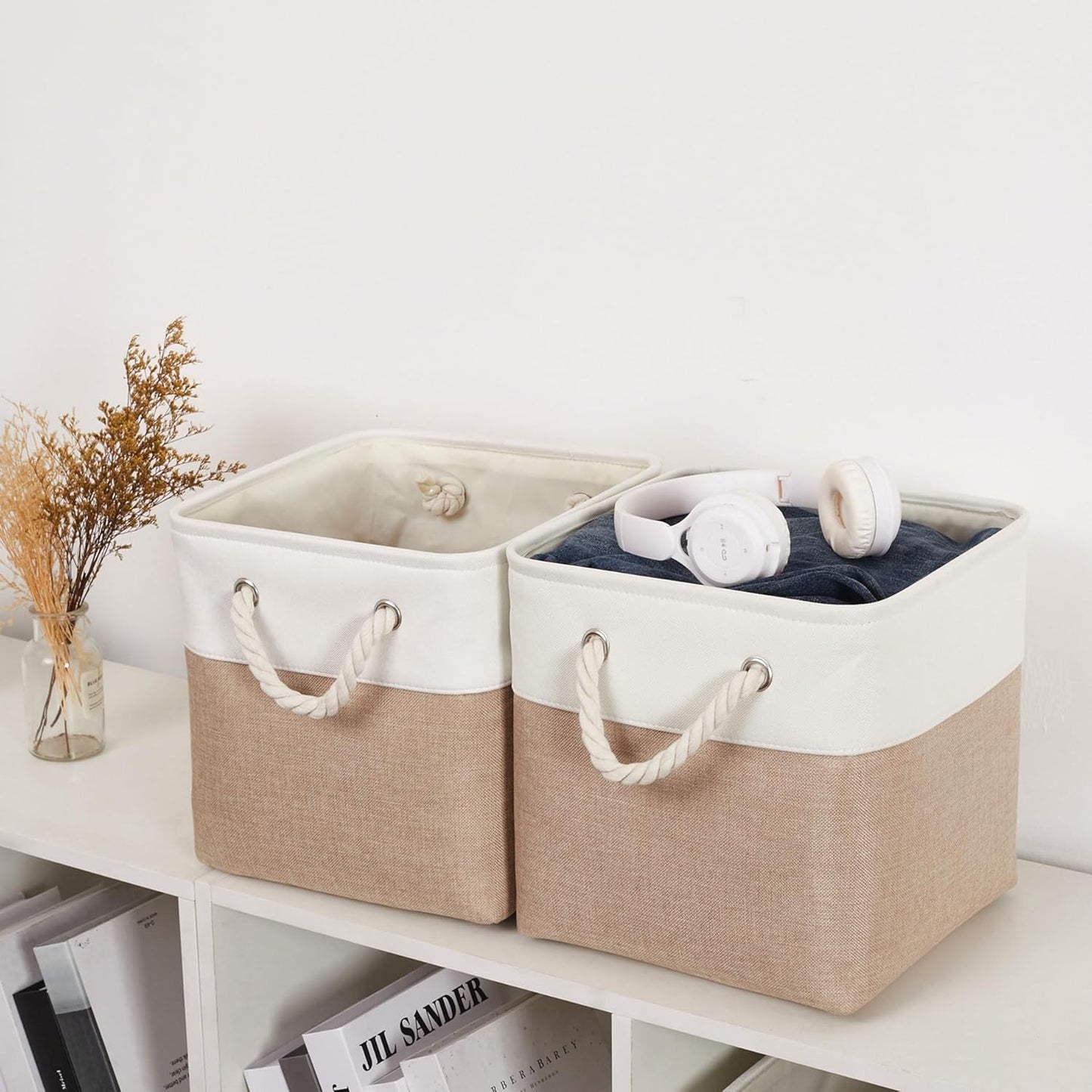 11 x 11 Inch Storage Cubes, 6 Pack Large Collapsible Fabric Storage Bin with Ropes, Foldable