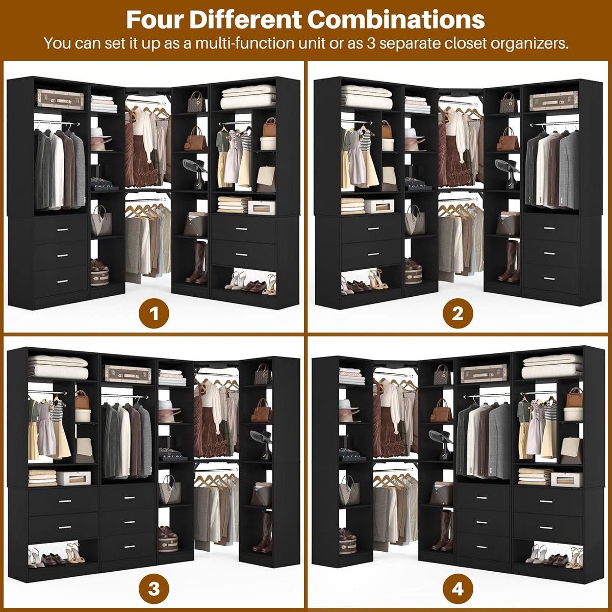 Corner Closet System with 5 Drawers, Closet Organizer System with 15+Shelvess & 4 Hanging Rods