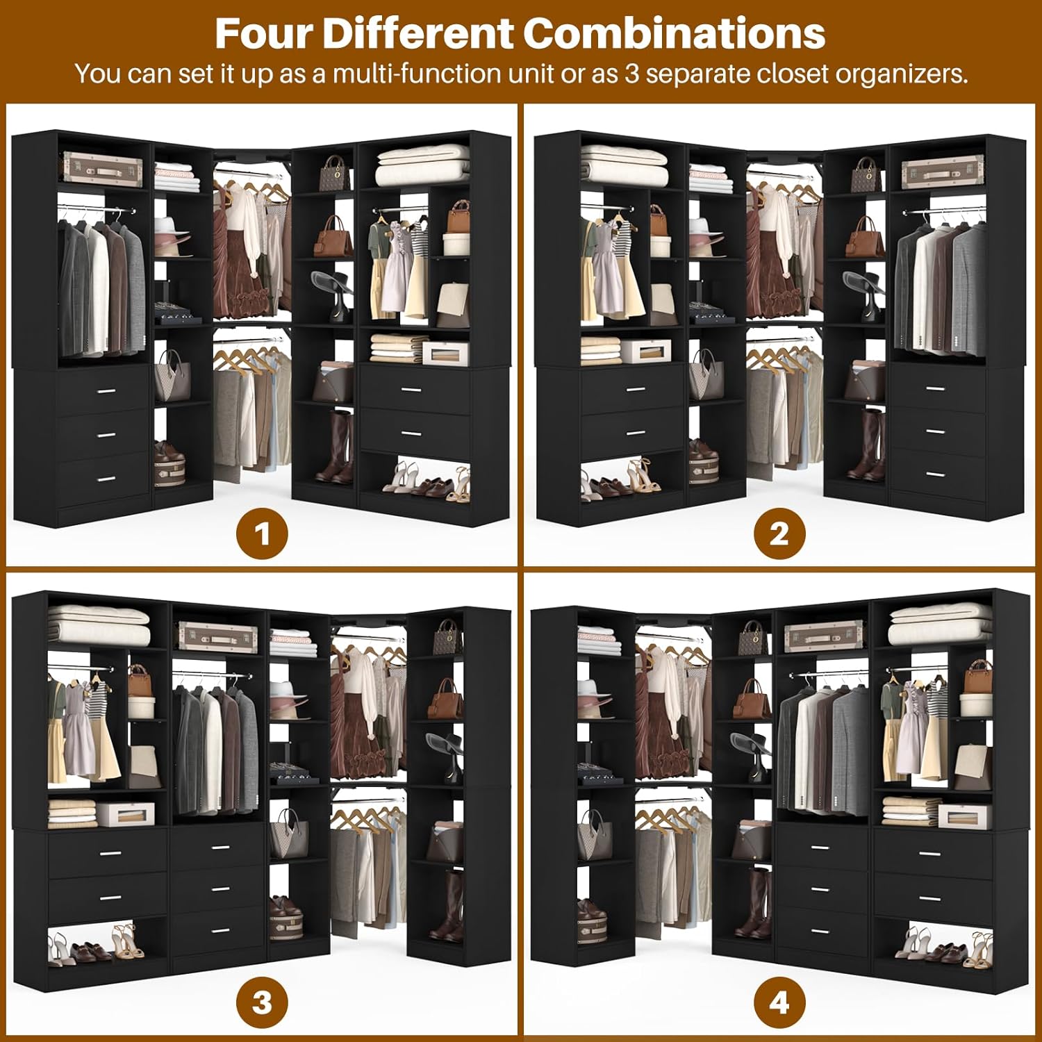 Corner Closet System with 5 Drawers, Closet Organizer System with 15+Shelvess & 4 Hanging Rods