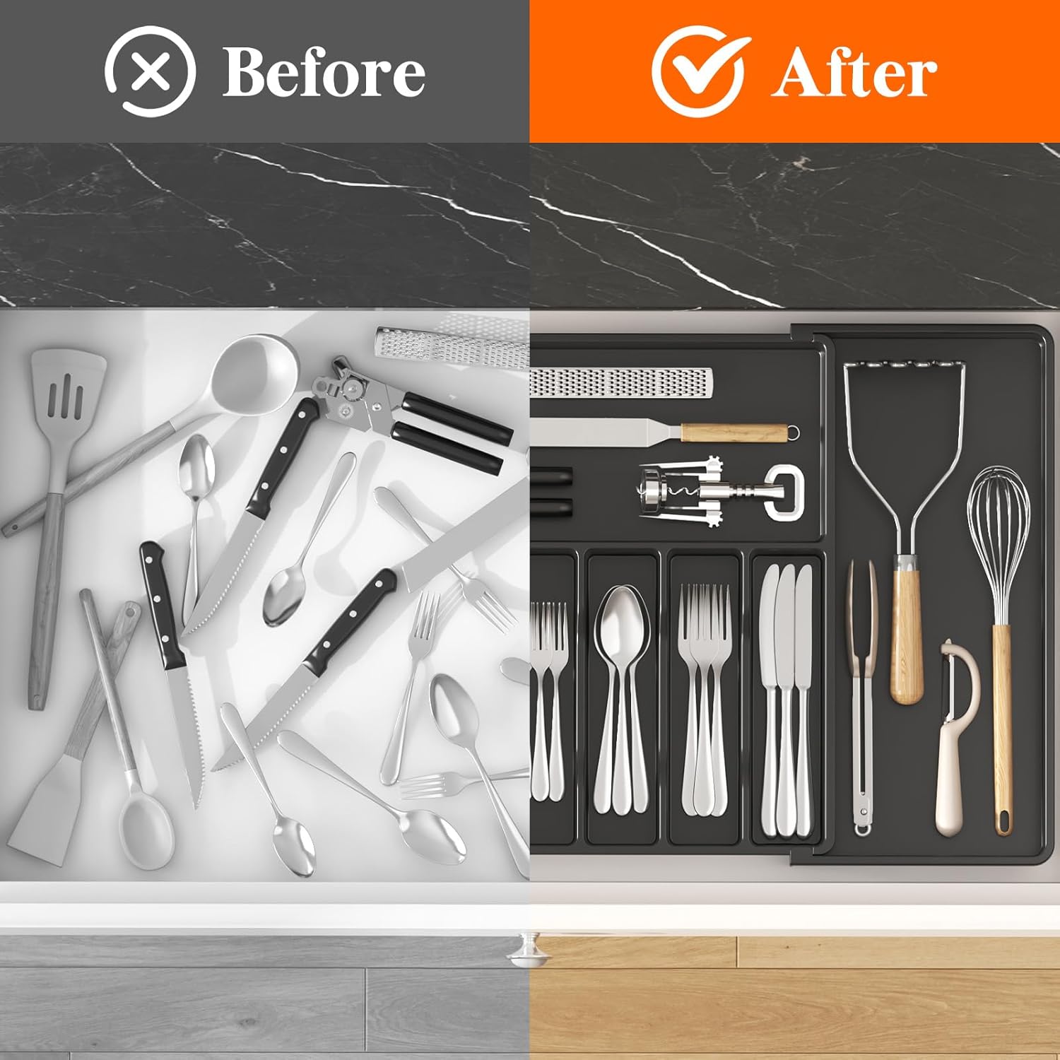 Lifewit Silverware Drawer Organizer, Expandable from 18.7 to 33 inches, Adjustable Utensil Tray for