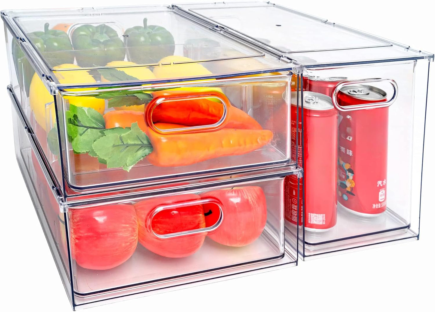 MineSign Stackable Fridge Drawer Pull-Out Bins with Handles 3 Pack Large Clear Food Container with