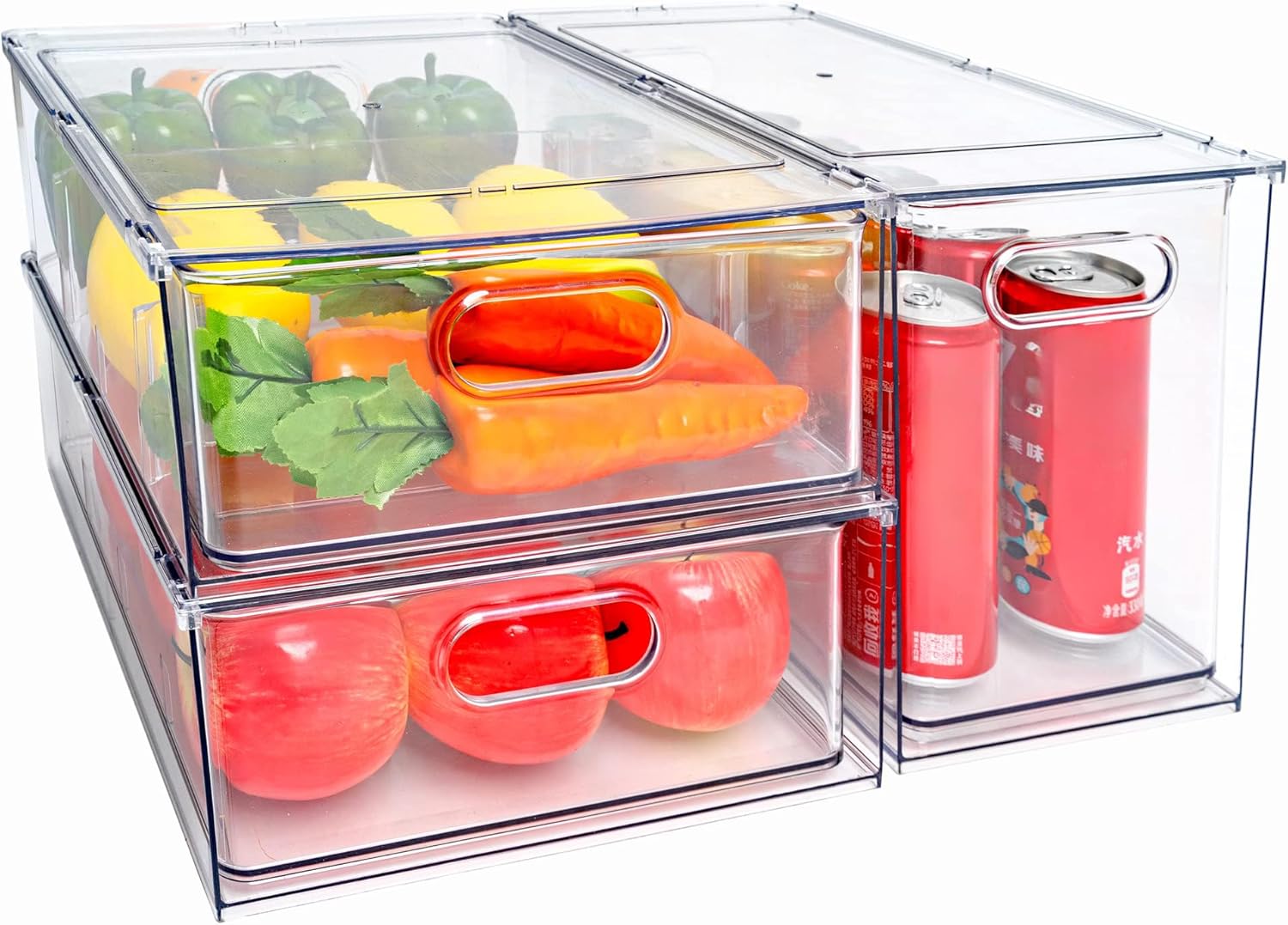 MineSign Stackable Fridge Drawer Pull-Out Bins with Handles 3 Pack Large Clear Food Container with